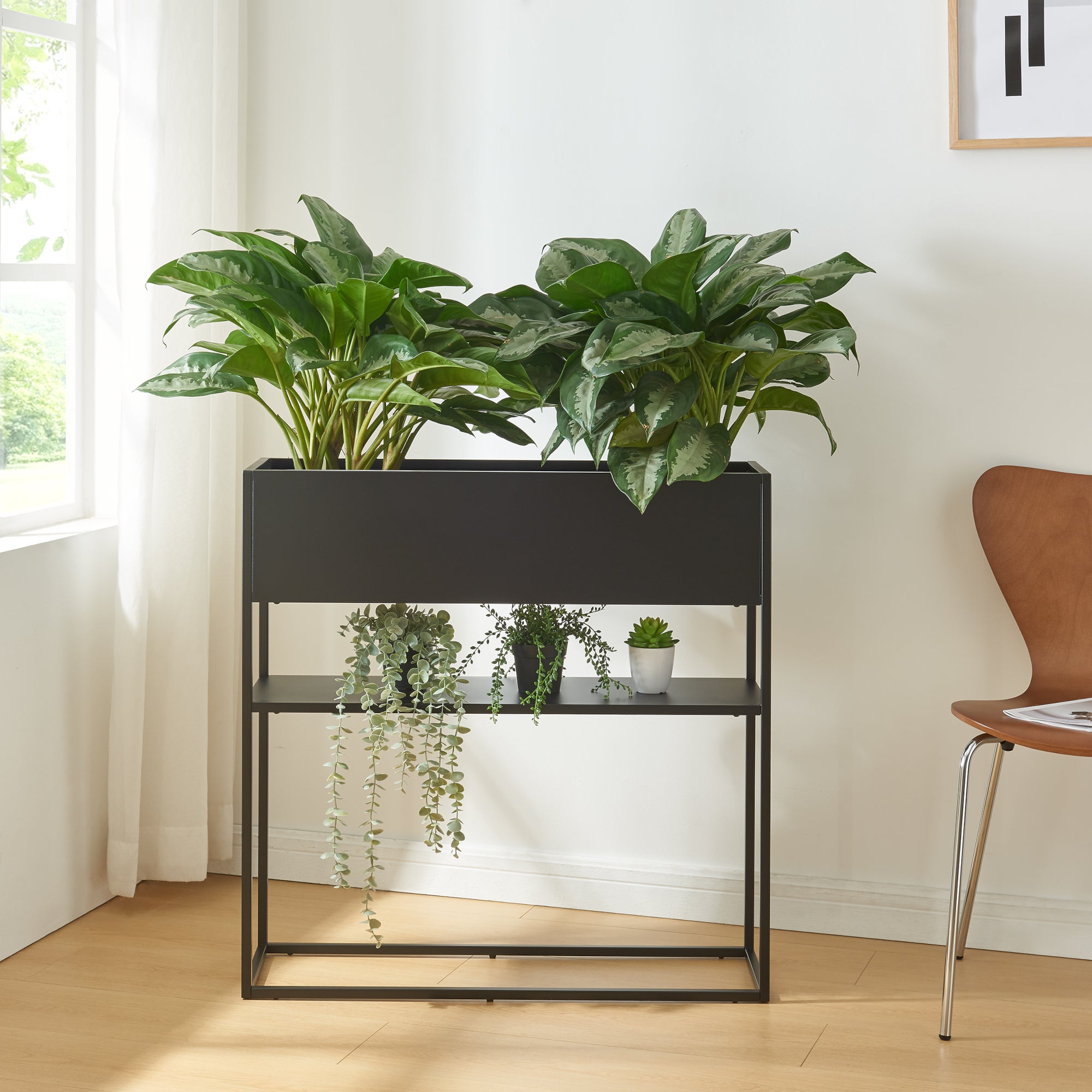 Porte-plantes surélevé Joensuu avec étagère 80 x 80 x 25 cm noir [en.casa] - 2