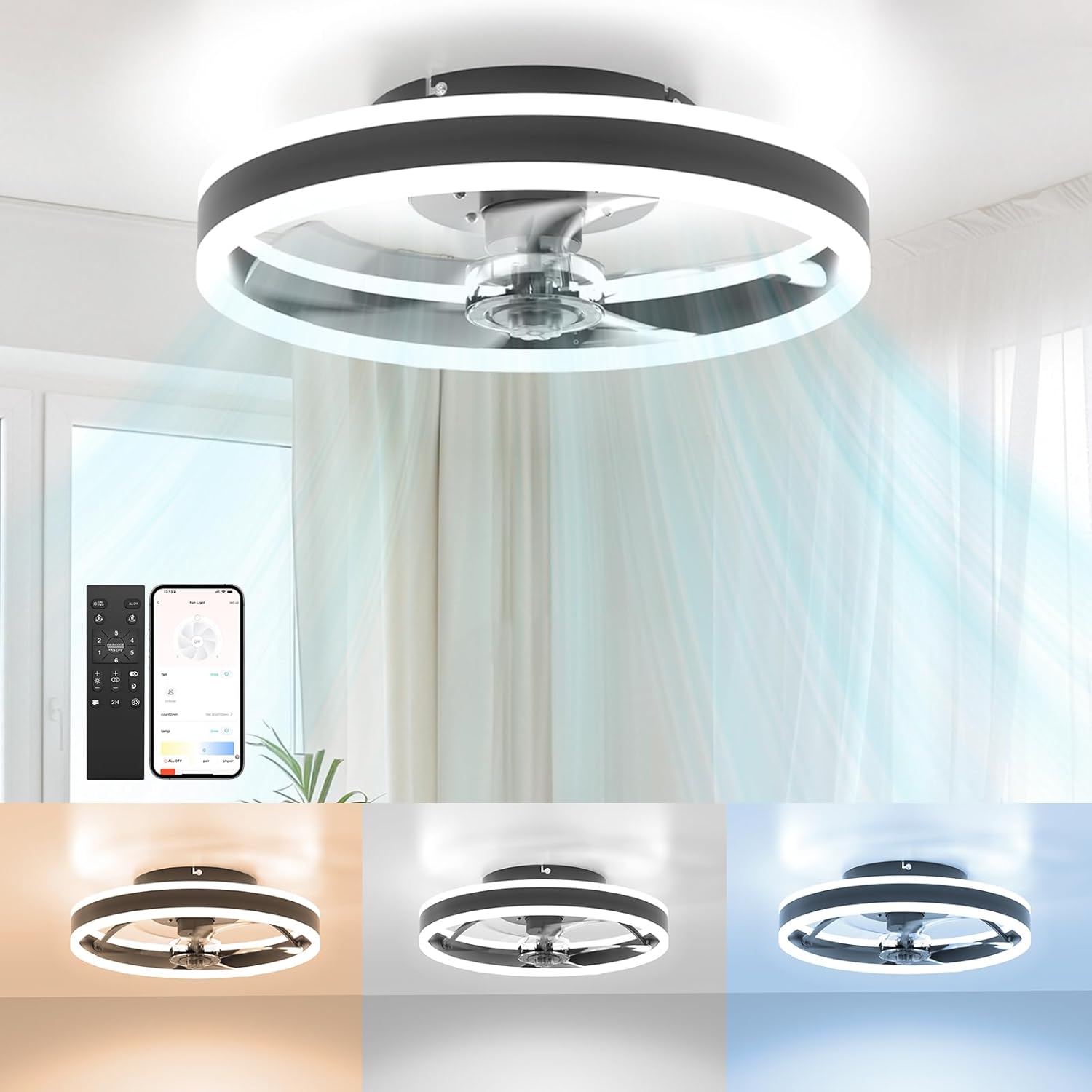 Ventilador de teto com luminária 40cm, controle remoto e controle por APP, 3 temperaturas de cor, 6 velocidades e vento reversível, silencioso, in - 5