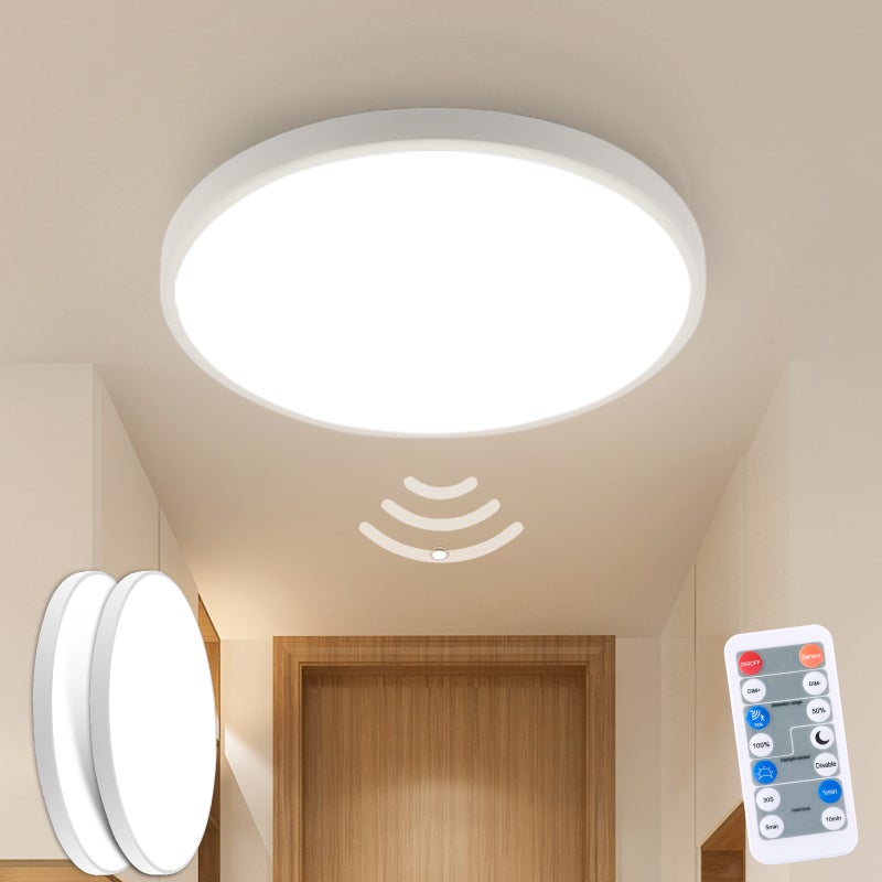 LOVHAUS Zestaw 2 oświetlenia sufitowego LED 24W z czujnikiem ruchu do łazienki, 2400LM, regulowane oświetlenie LED z pilotem 4000K, IP54