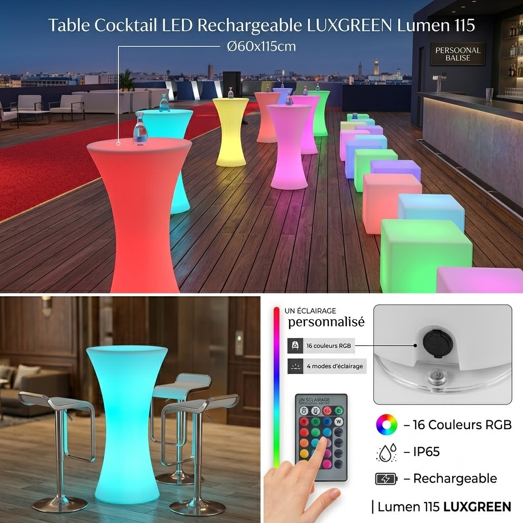 Table Cocktail LED Rechargeable LUXGREEN Lumen 115 Ø60x115cm – 16 ...