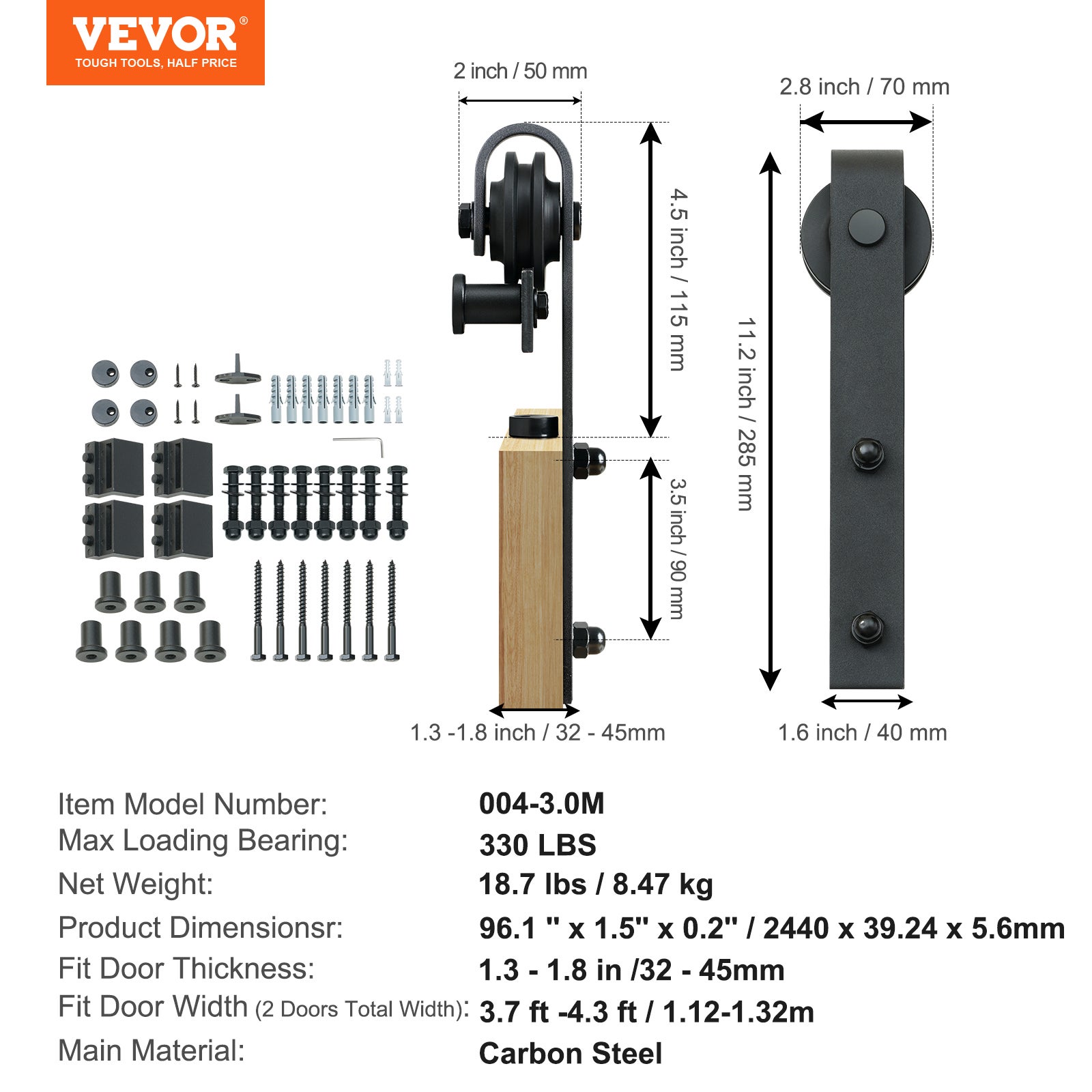 Kit Quincaillerie de Porte VEVOR Coulissante de Grange 244 cm Rail Porte Coulissante Convient Double Porte Largeur 1,12-1,32 m Epaisseur 32-45 mm Char - 7