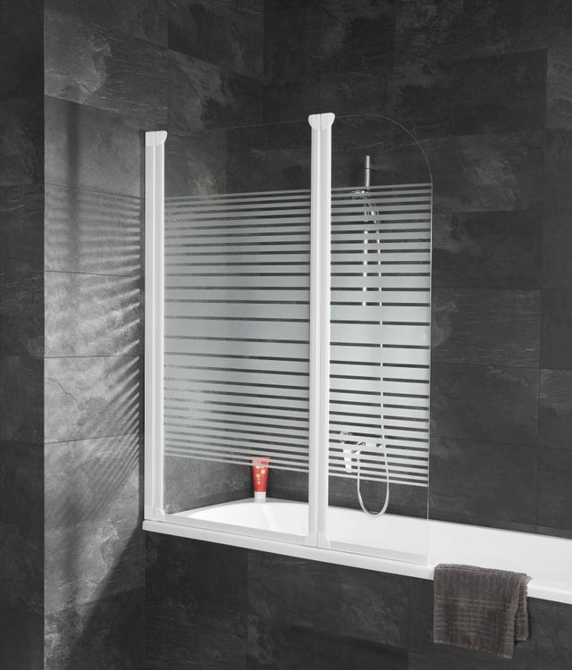 Pare-baignoire pivotant sérigraphié blanc, H.140xl.114 cm SCHULTE, paroi de baignoire réversible, écran 3 mm pliante, rabattable, bandes transversales