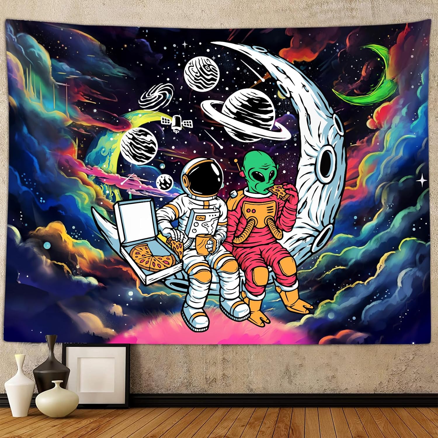 Gobelin z obcym astronautą do sypialni mężczyzny i kobiety, gobelin wiszący na ścianie, fajny trippy wszechświat, 152,4 x 101,6 cm