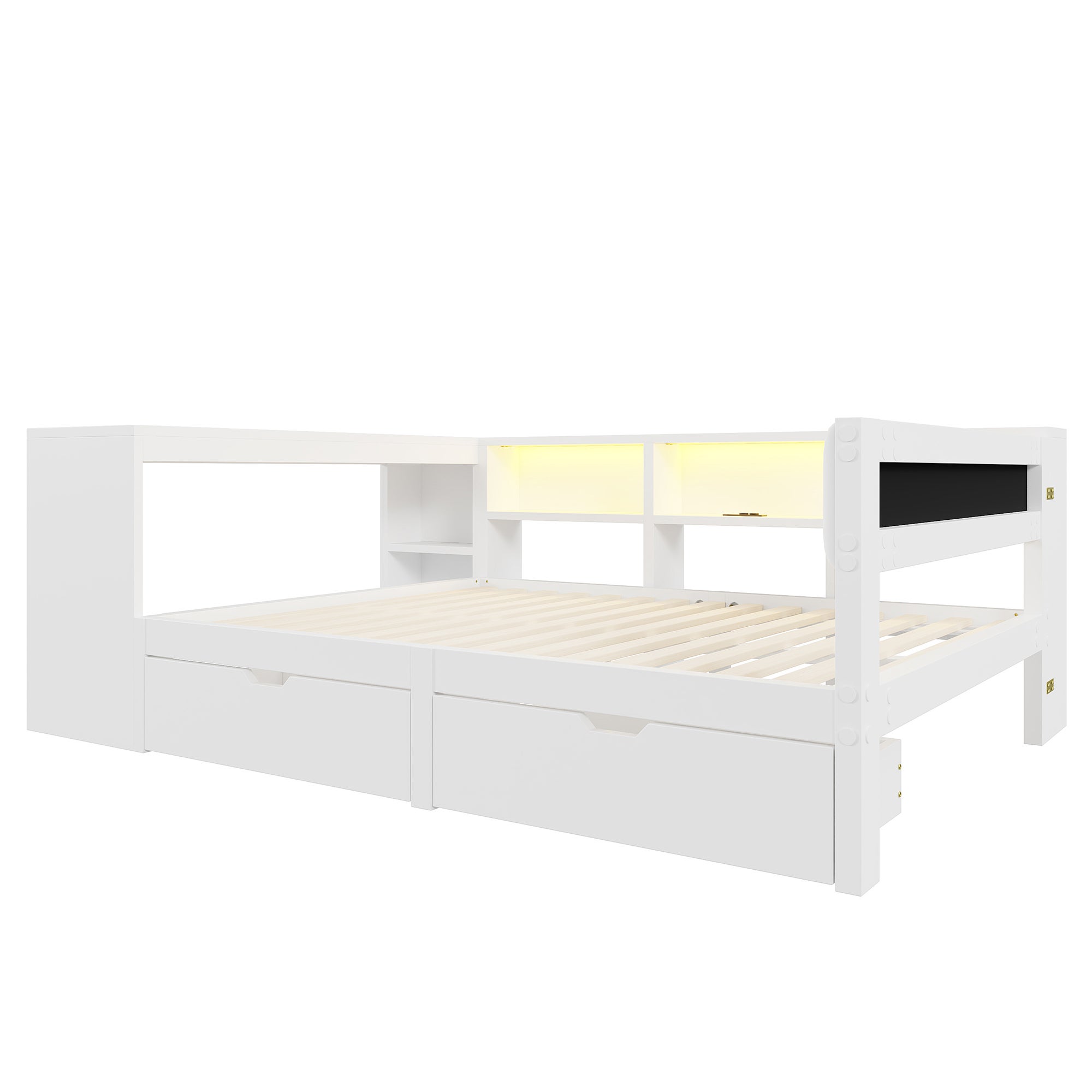 Lit 140 x 200 cm avec bureau, bibliothèque et 2 tiroirs - LEDs et charge de prises - MDF et contreplaqué - Blanc (Sans matelas) - 9