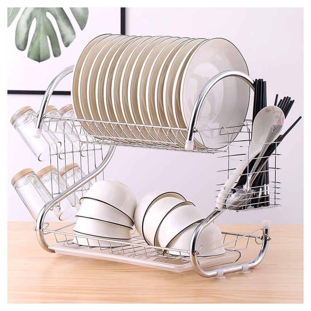 Trade Shop - Scolapiatti 2 Ripiani In Metallo Cromato Con Vassoio Salvagoccia E Portaposate - - 2