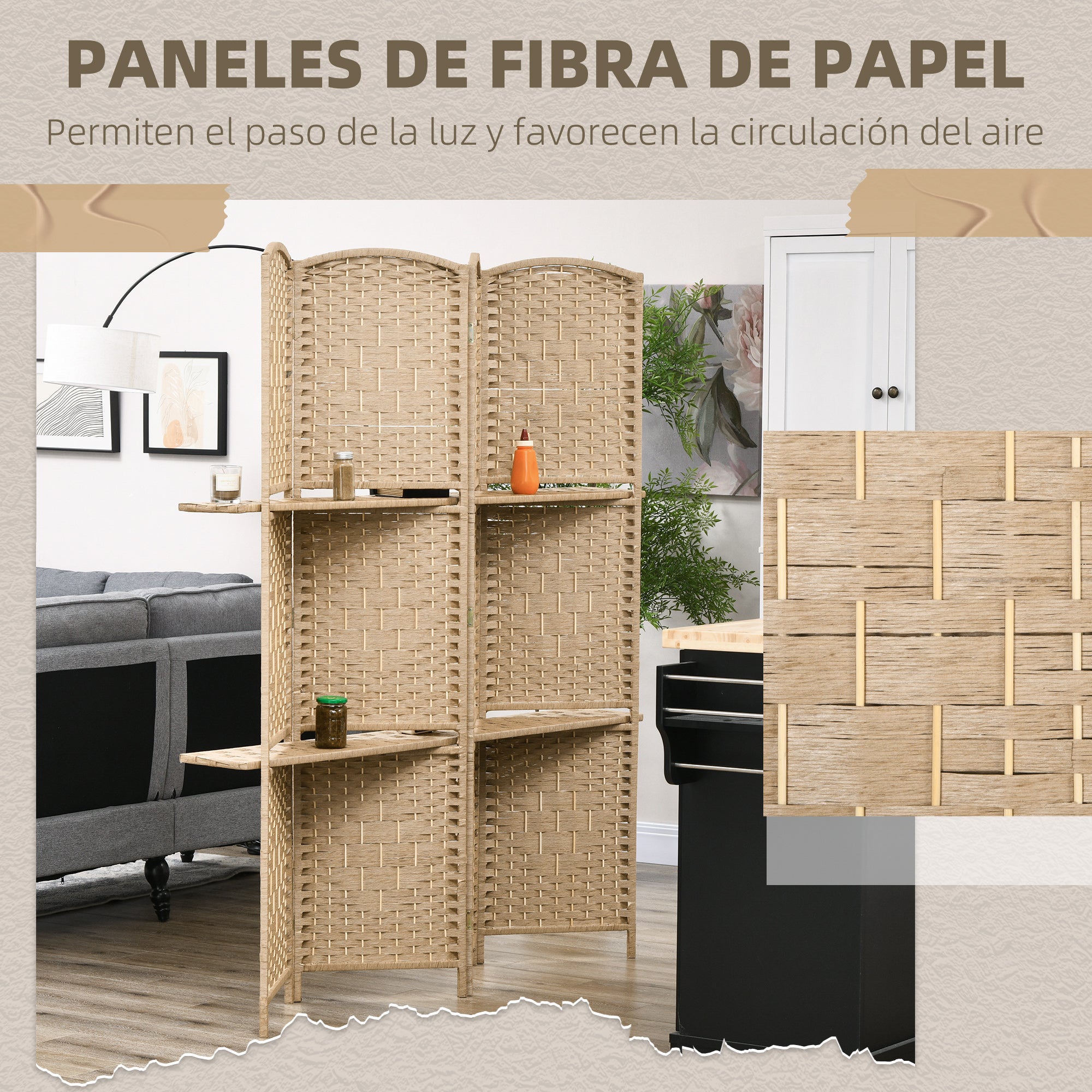Écran de séparation 160x170 cm naturel de pièce 4 panneaux avec 2 étagères d’exposition pliantes paravent de confidentialité - 8