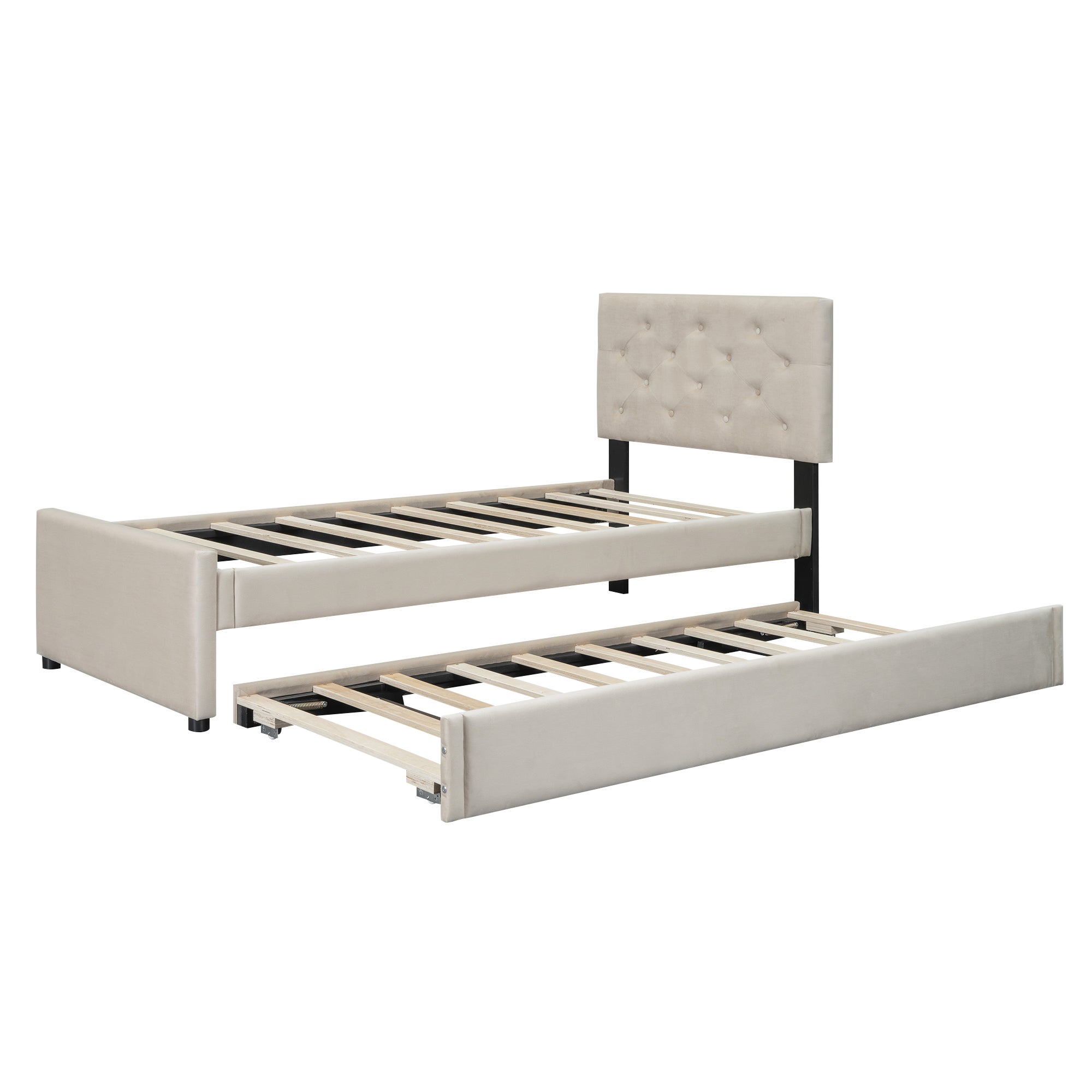 Lit simple 90x200cm en velours - avec un lit gigogne - avec sommier à lattes - Beige (matelas non inclus) - 8