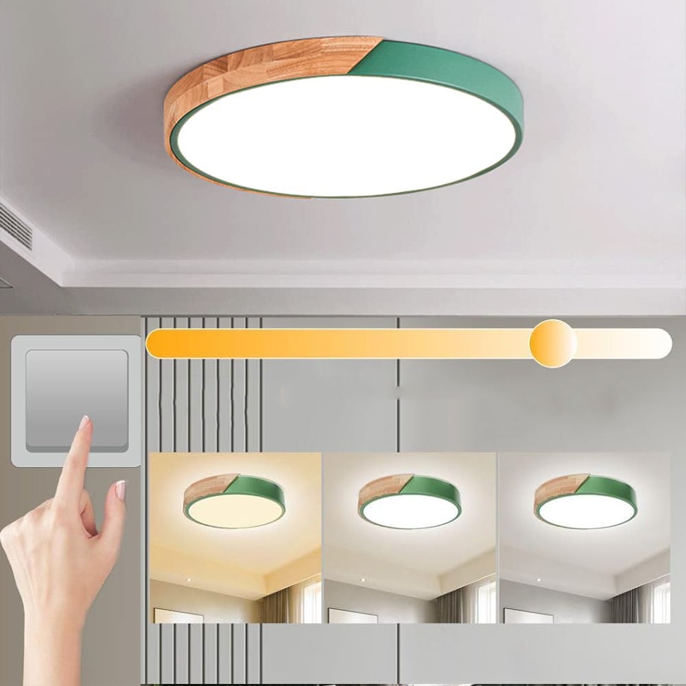 Lámpara de techo de madera, lámpara de techo redonda moderna, tres temperaturas de color 3000k - 6500k, verde, para sala de estar, balcón, pasillo.