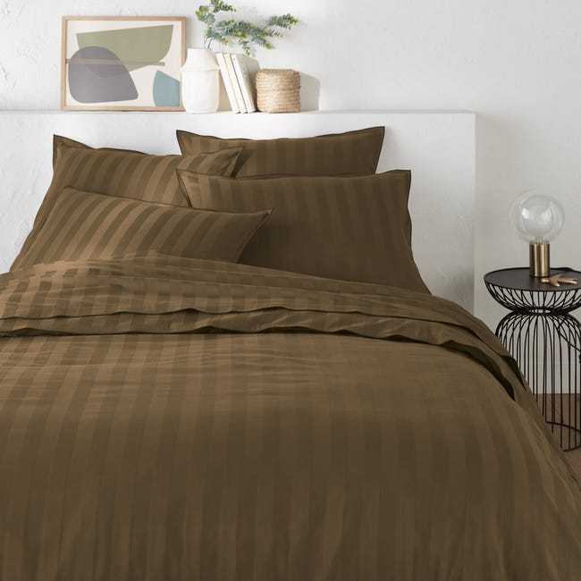 Housse de couette satin de coton lavé, Victor rayé - Kaki - 160 x 210