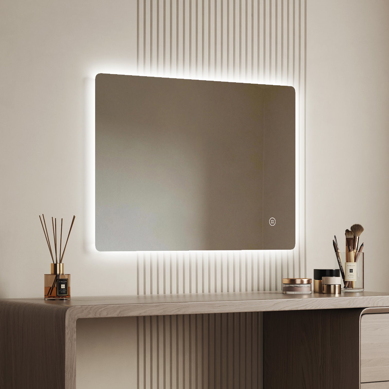 EMKE Lustro łazienkowe z oświetleniem LED 80x60 cm, z 6500K, możliwość ściemniania, funkcja pamięci, przełącznik dotykowy, IP44, bezramowe