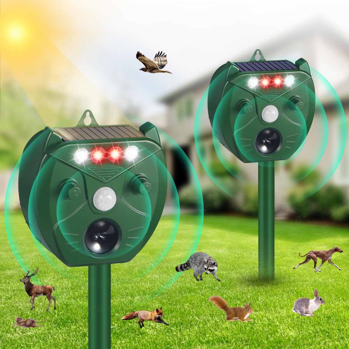 Ultrasonowy odstraszacz solarny na zwierzęta, 2 sztuki, z czujnikiem PIR i światłem stroboskopowym czerwono-białym, do użytku na zewnątrz
