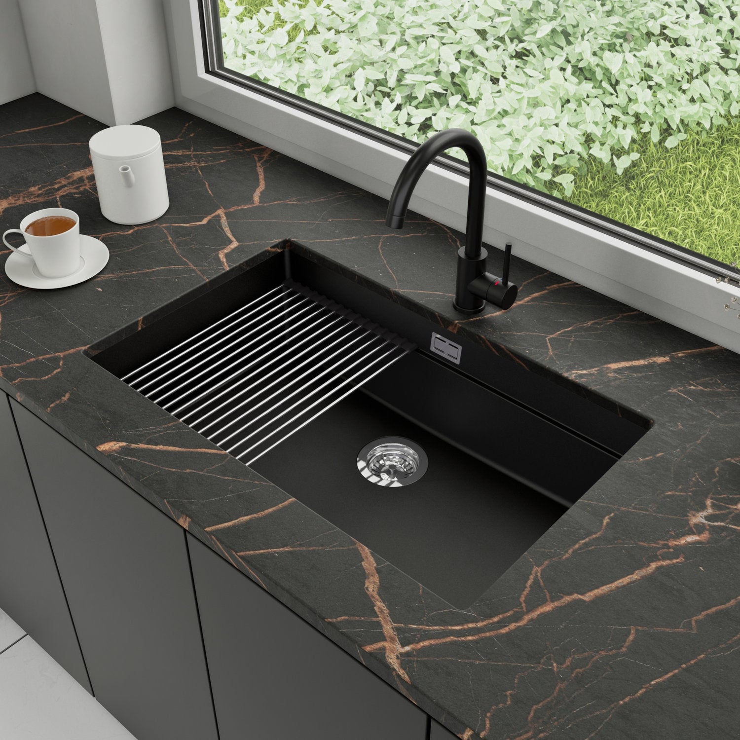 Zlewozmywak podblatowy 76x47cm, do szafki od 80cm + Bateria + Syfon + Zwijany ociekacz - Coral Czarny STONESTYLE