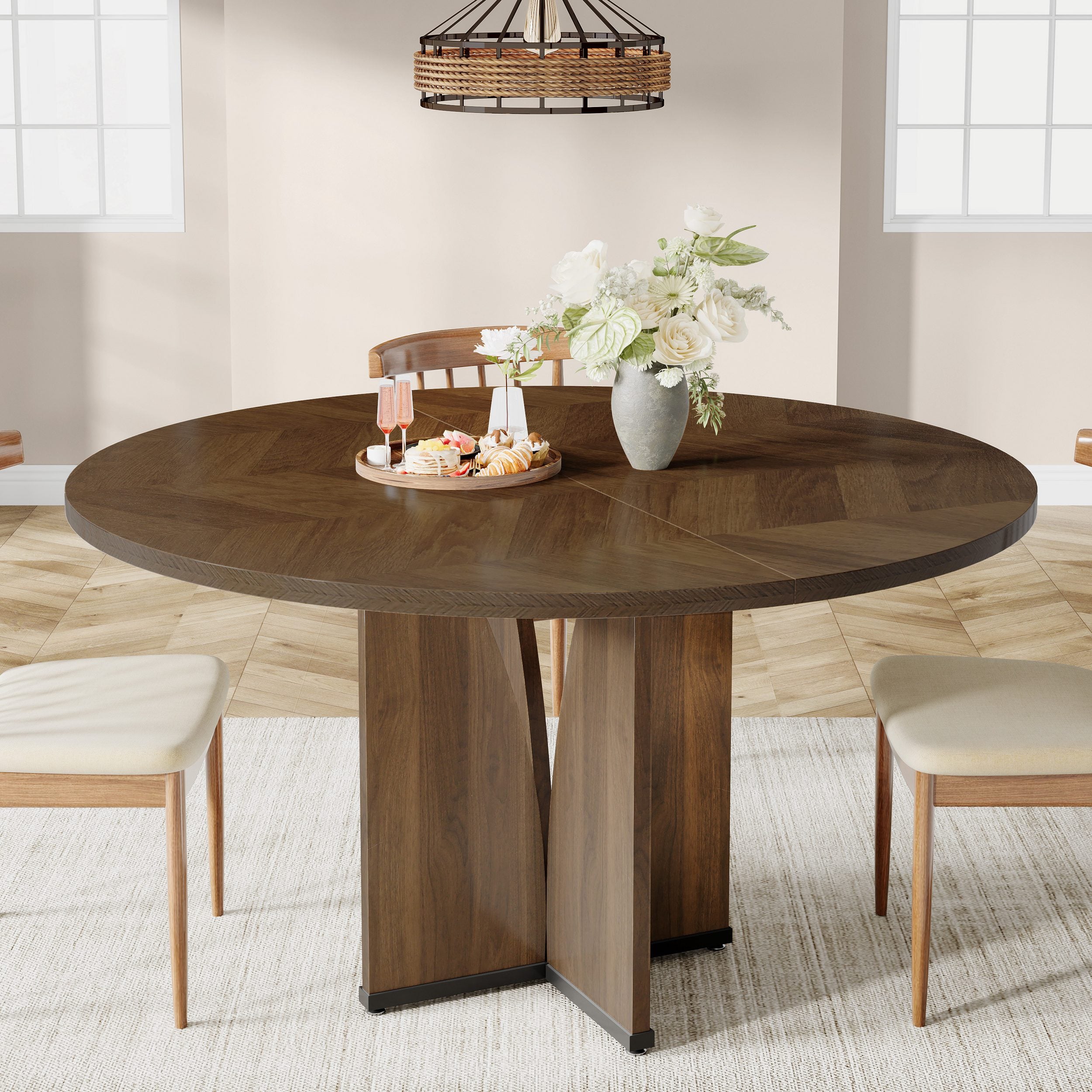 Tribesigns Tavolo da pranzo rotondo per 4 persone, 100*100*75cm, con piano e gambe in legno, marrone rustico - 2