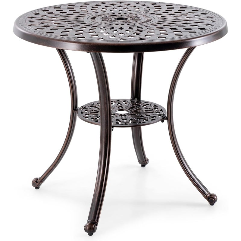 Okrągły Stół Ogrodowy o Średnicy 79 cm, Wykonany z Odlewu Aluminiowego, Stół Ogrodowy z Otworem na Parasol, Stół Bistro Odporny na Warunki Pogodowe