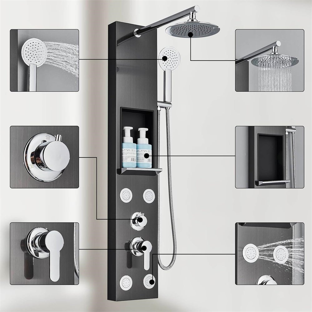 Ensemble de mitigeur thermostatique de douche, panneau de douche noir avec étagère de rangement et pomme de douche,robinet mitigeur à deux poignées - 4
