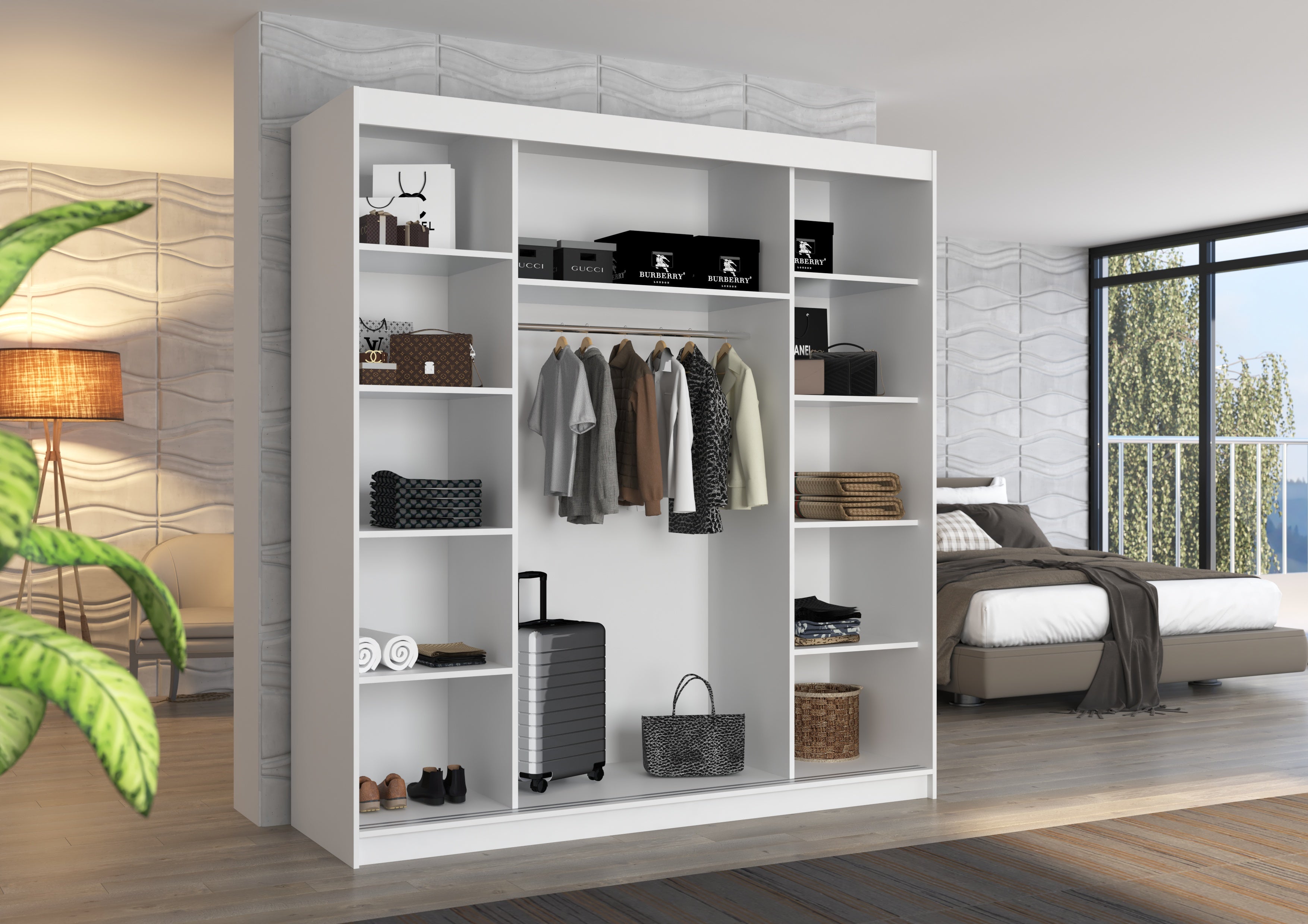 Armoire chambre adulte 2 portes coulissantes bois blanc et naturel avec miroir Dalia 200cm - 3