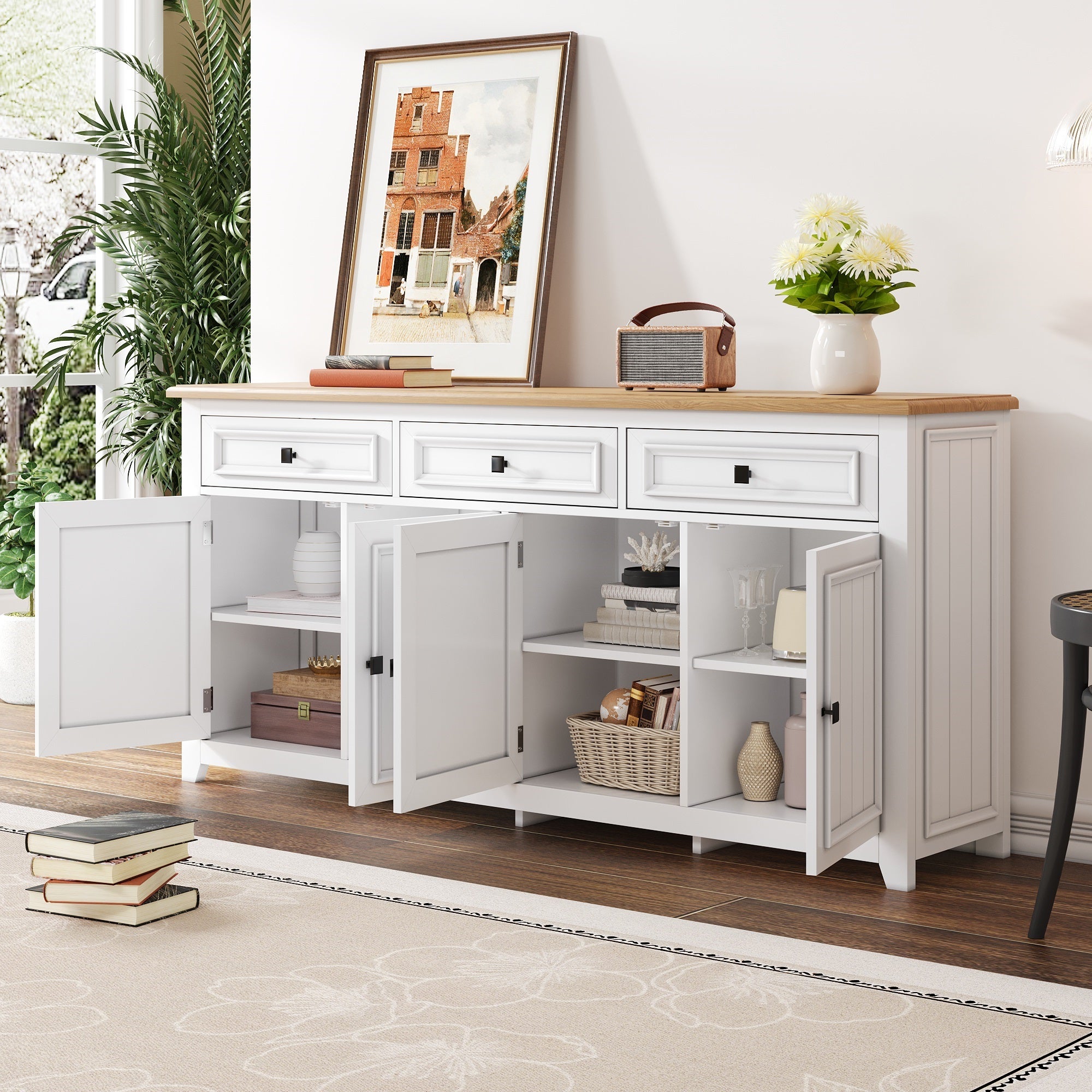 Nowoczesny buffet 160x35x76 cm - 3 szuflady i 4 fronty - Regulowane półki - MDF - Biały - 4