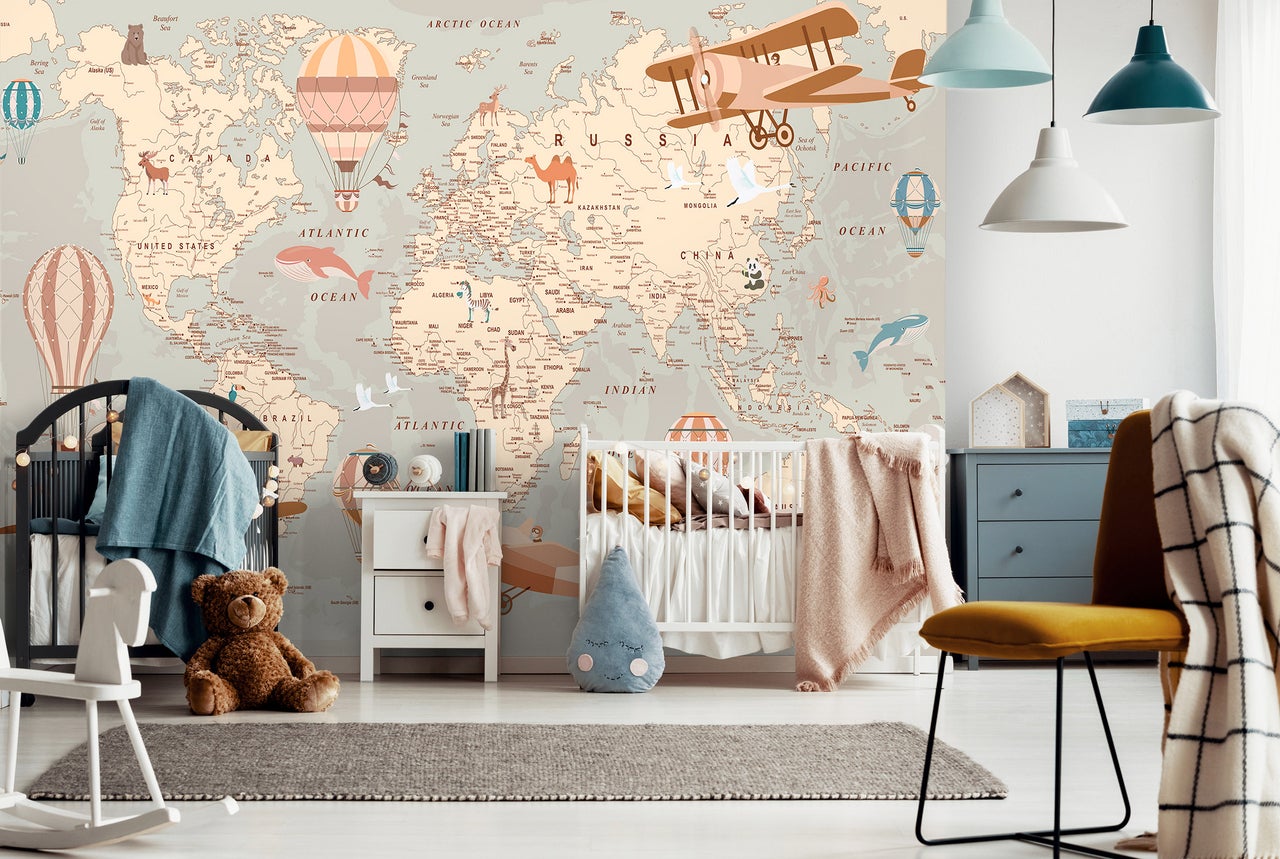 Papier Peint Enfant Intissé Panoramique Carte du monde Animaux 100x75 cm - Colle Inclus - Chambre Enfant - Moderne Trompe l'oeil - 3