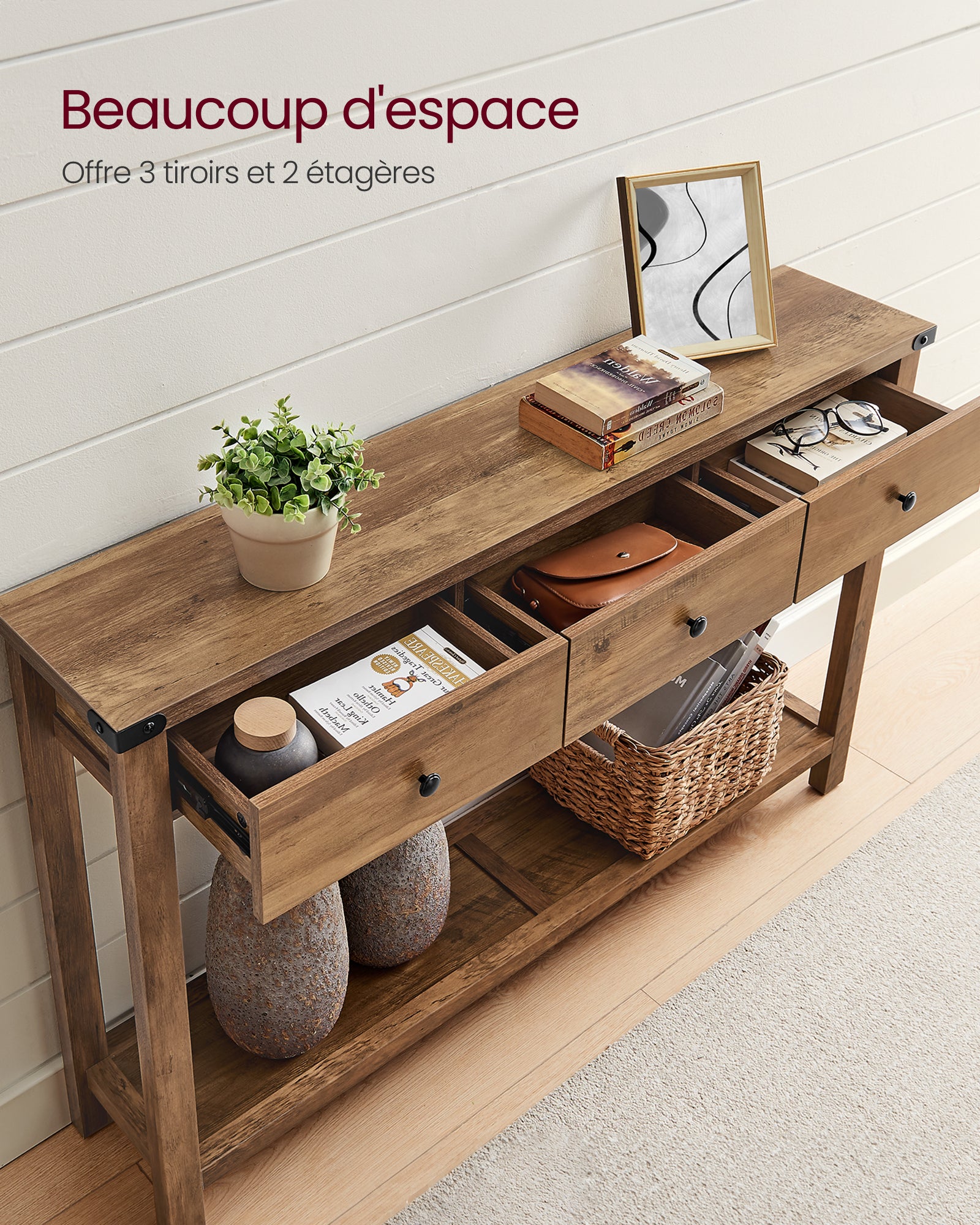 Table Console, Table d'Entrée avec 3 Tiroirs et Étagère de Rangement, pour Entrée, Salon, Style Campagnard, Marron Miel - 3