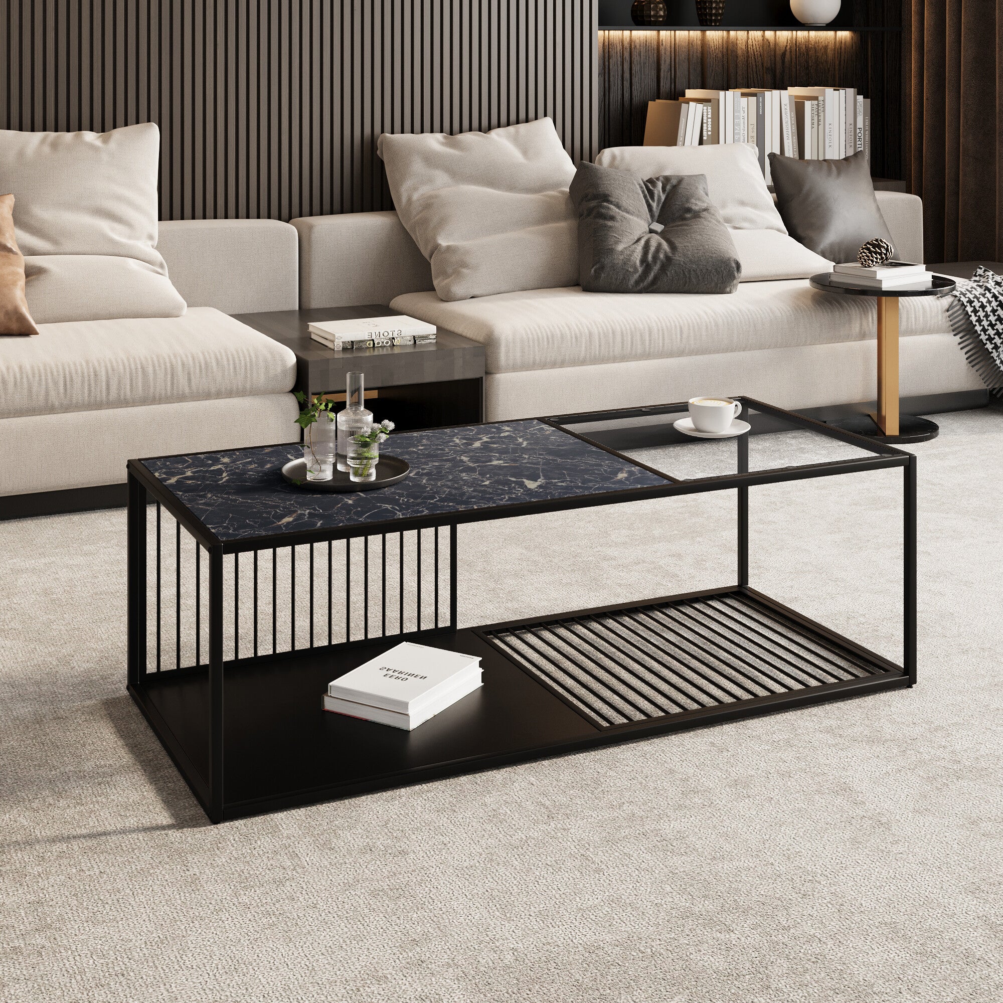 Table Basse Rectangulaire En Fer Forgé Noir Et Verre - 120x65 Cm