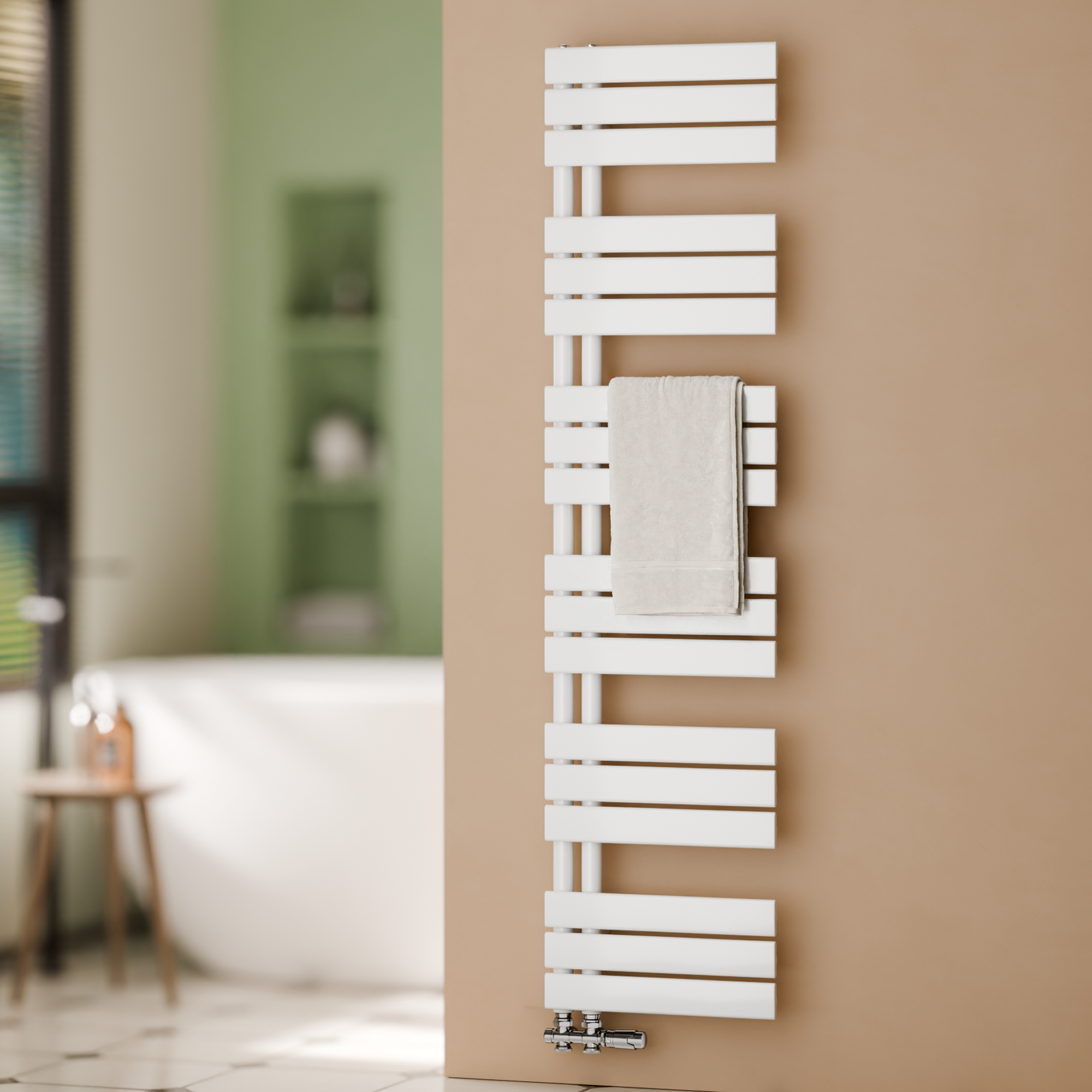Grzejnik łazienkowy drabinkowy na ciepłą wodę - Stalowy z podłączeniem środkowym - Kolor biały - Wymiary 1599 x 400 mm - Moc 684 W
