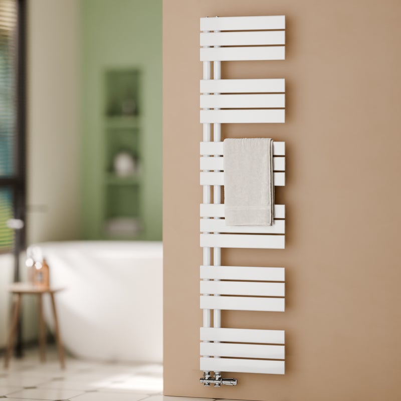 Grzejnik łazienkowy drabinkowy na ciepłą wodę - Stalowy z podłączeniem środkowym - Kolor biały - Wymiary 1599 x 400 mm - Moc 684 W