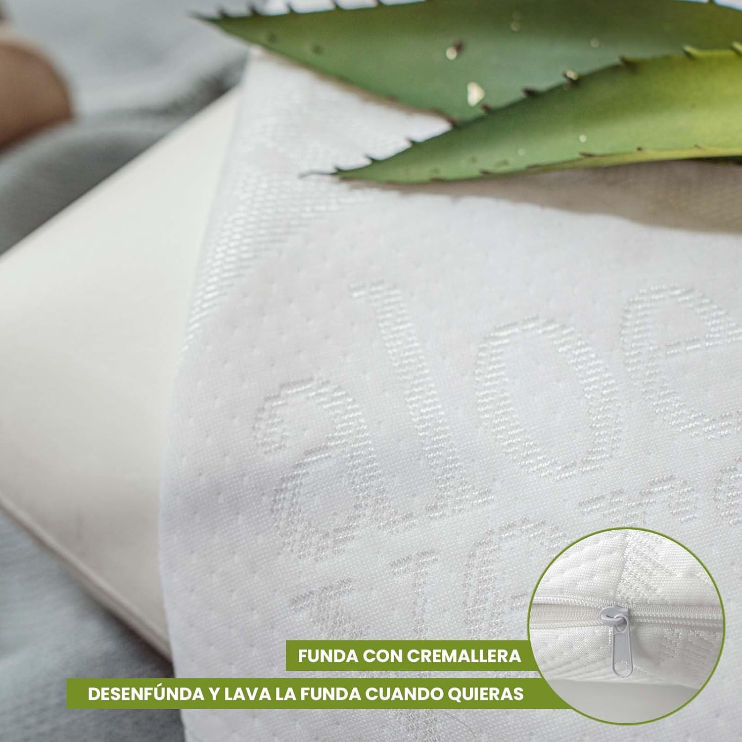 Almohada Viscoelástica 60 cm - Tejido Aloe Vera- Adaptable al Cuello - Doble Funda con Cremallera - Anti ácaros y Anti bacterias - Termorreguladora - 4
