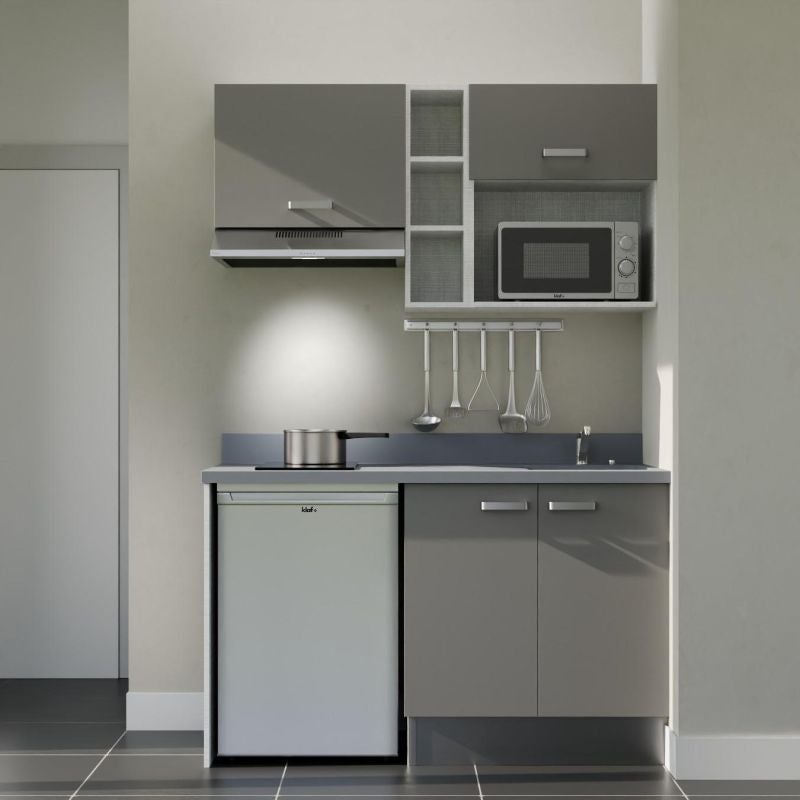 Kitchenette 140 cm modèle K13 - façades Gris - plan monobloc évier à droite Cromo - électroménager Inox inclus - 2