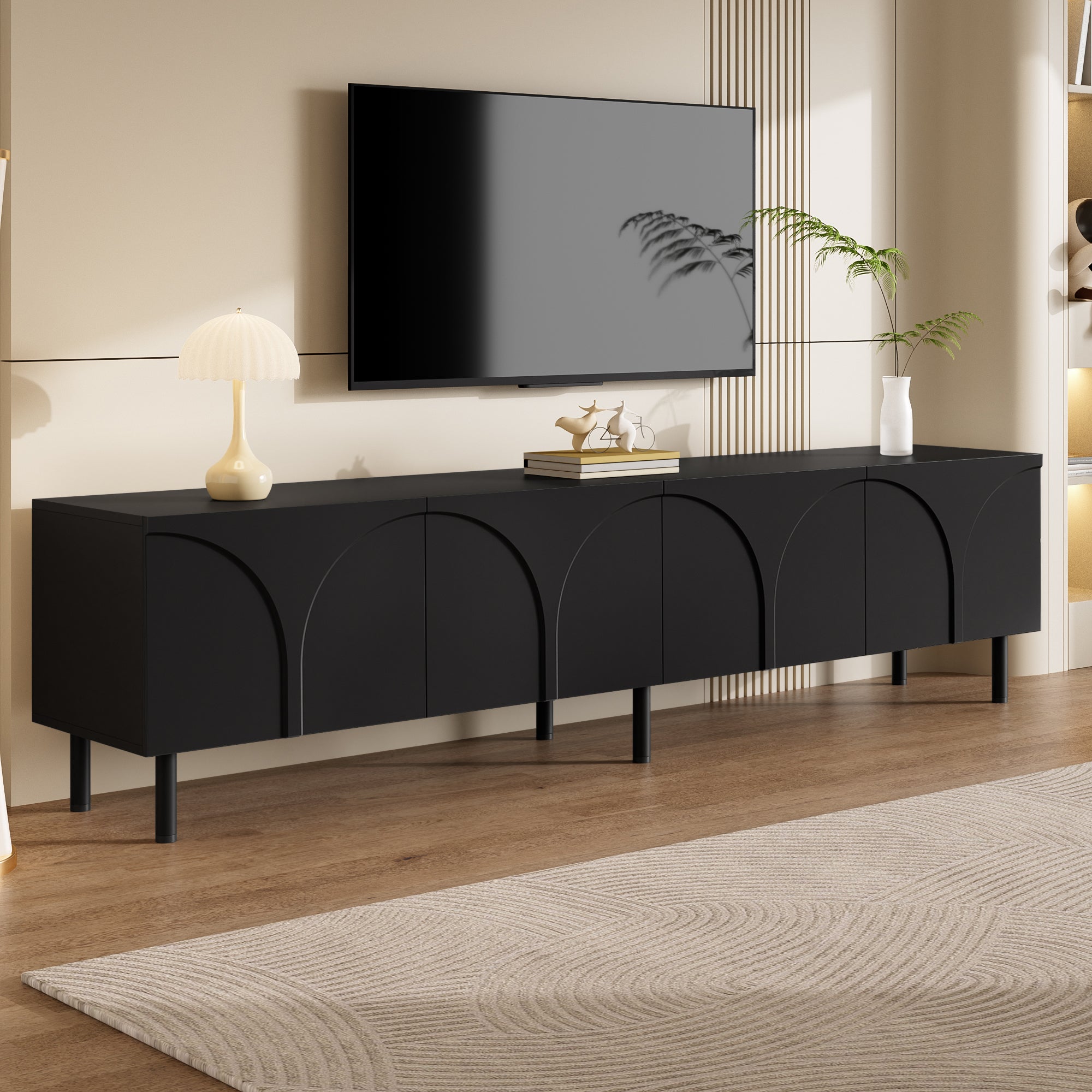 Stojak pod telewizor z 4 drzwiami o trójwymiarowych zakrzywionych liniach – 180 x 35 x 49 cm – Płyta wiórowa i MDF – Nogi metalowe – Czarny - 4