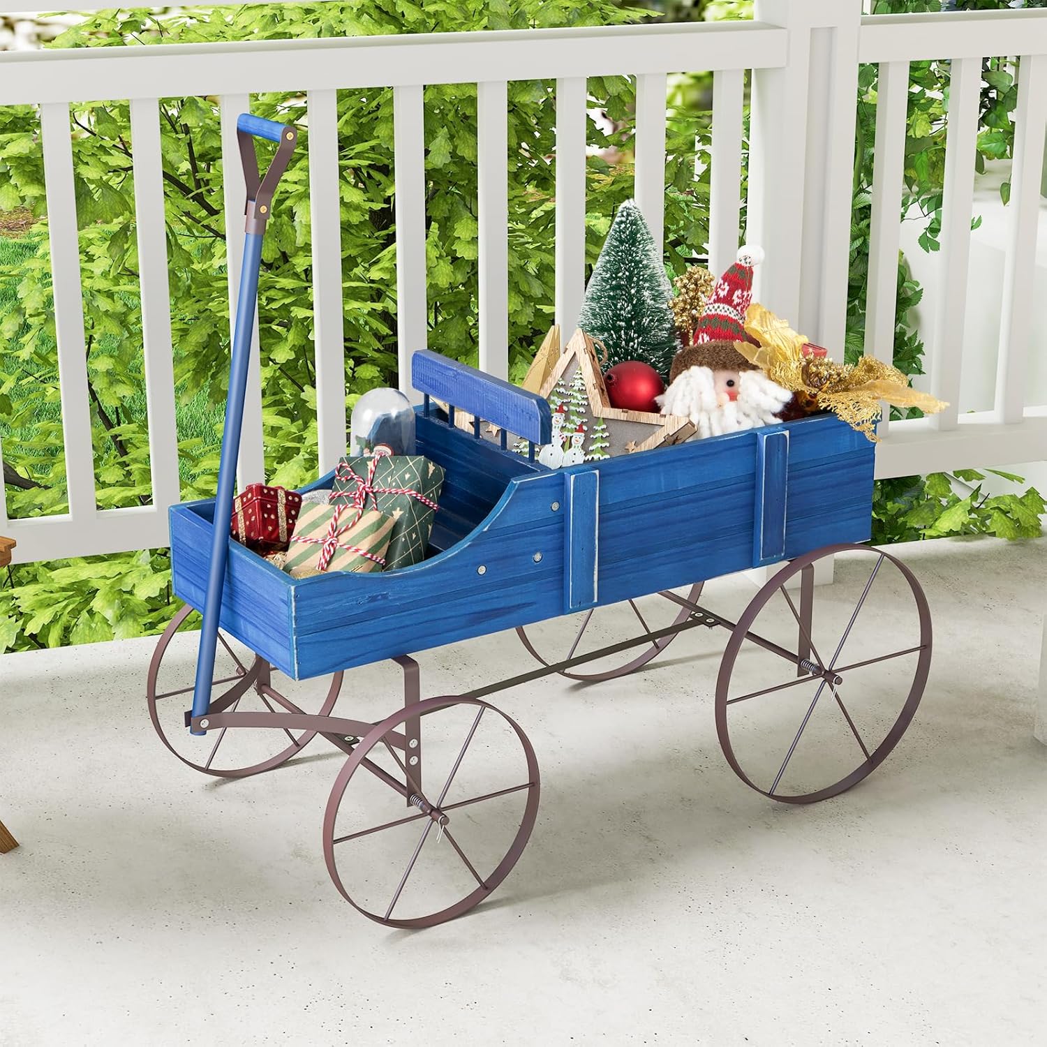 Jardinière Forme Brouette, Brouette Décorative en Bois avec 4 Roues en Métal, 2 Bac de Plantation Séparés avec Trous de Drainage, 35×62,5×60cm (Bleu) - 7