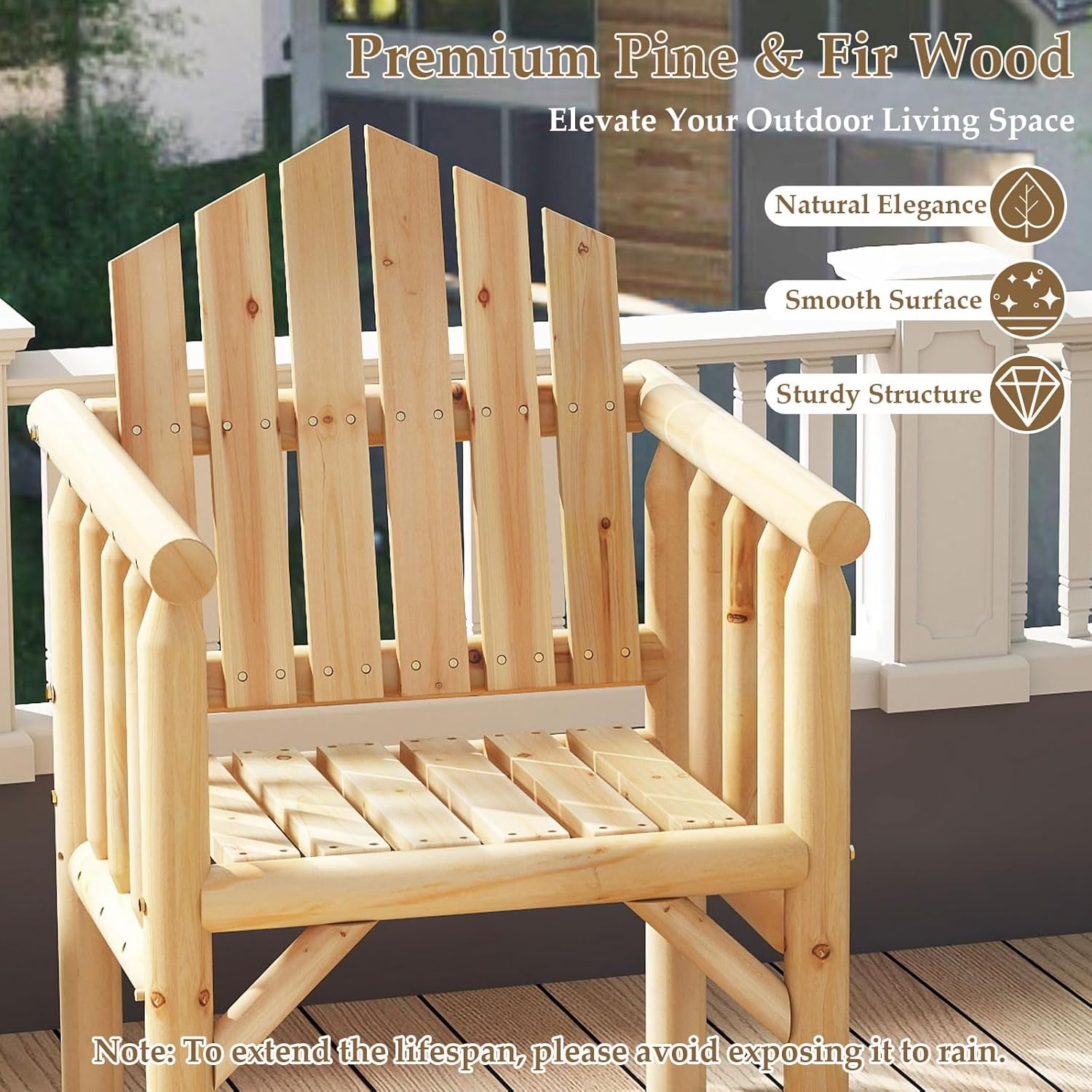 Fotel Adirondack z Drewna, Krzesło Ogrodowe Adirondack z Podłokietnikami i Wysokim, Pochylonym Oparciem, Nośność 150 kg, 66 x 62,5 x 98 cm (Naturalny) - 3