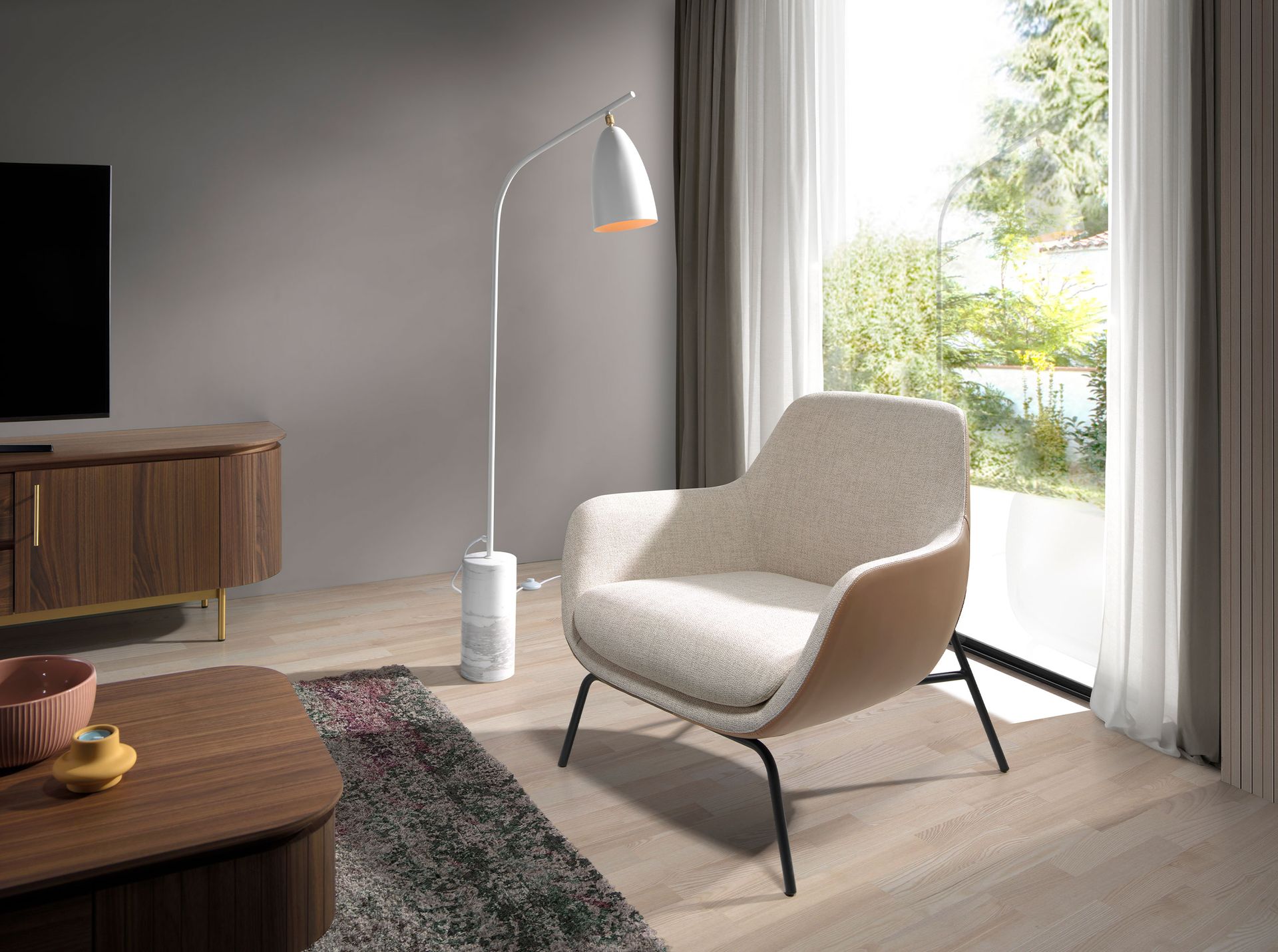 ANGEL CERDA Fauteuil en tissu crème et similicuir marron - 6