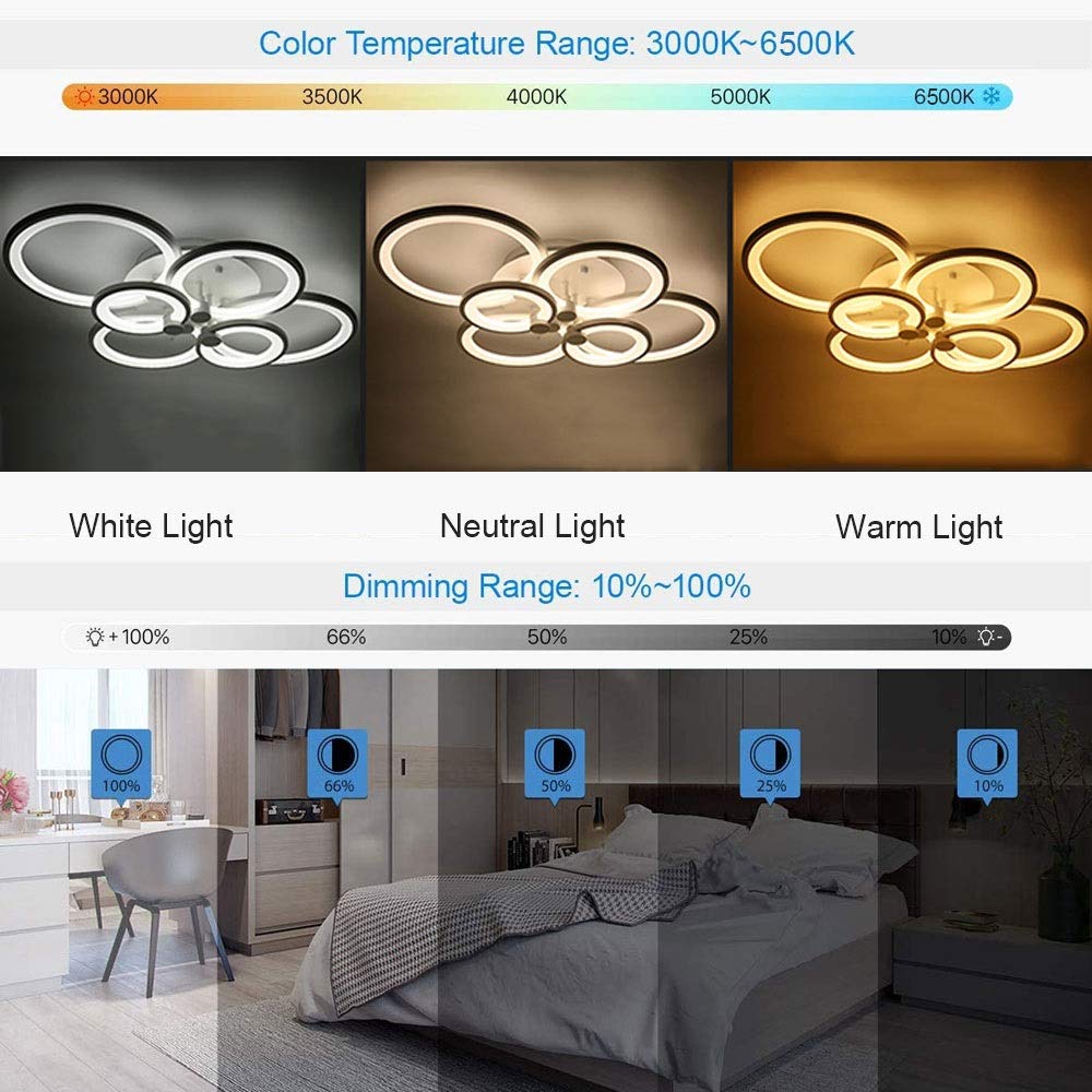 Ściemnialna lampa sufitowa LED 128 W z pilotem, 8 pierścieni świetlnych - nowoczesna lampa sufitowa, 3000 K-6500 K, energooszczędna, 96 cm - 4