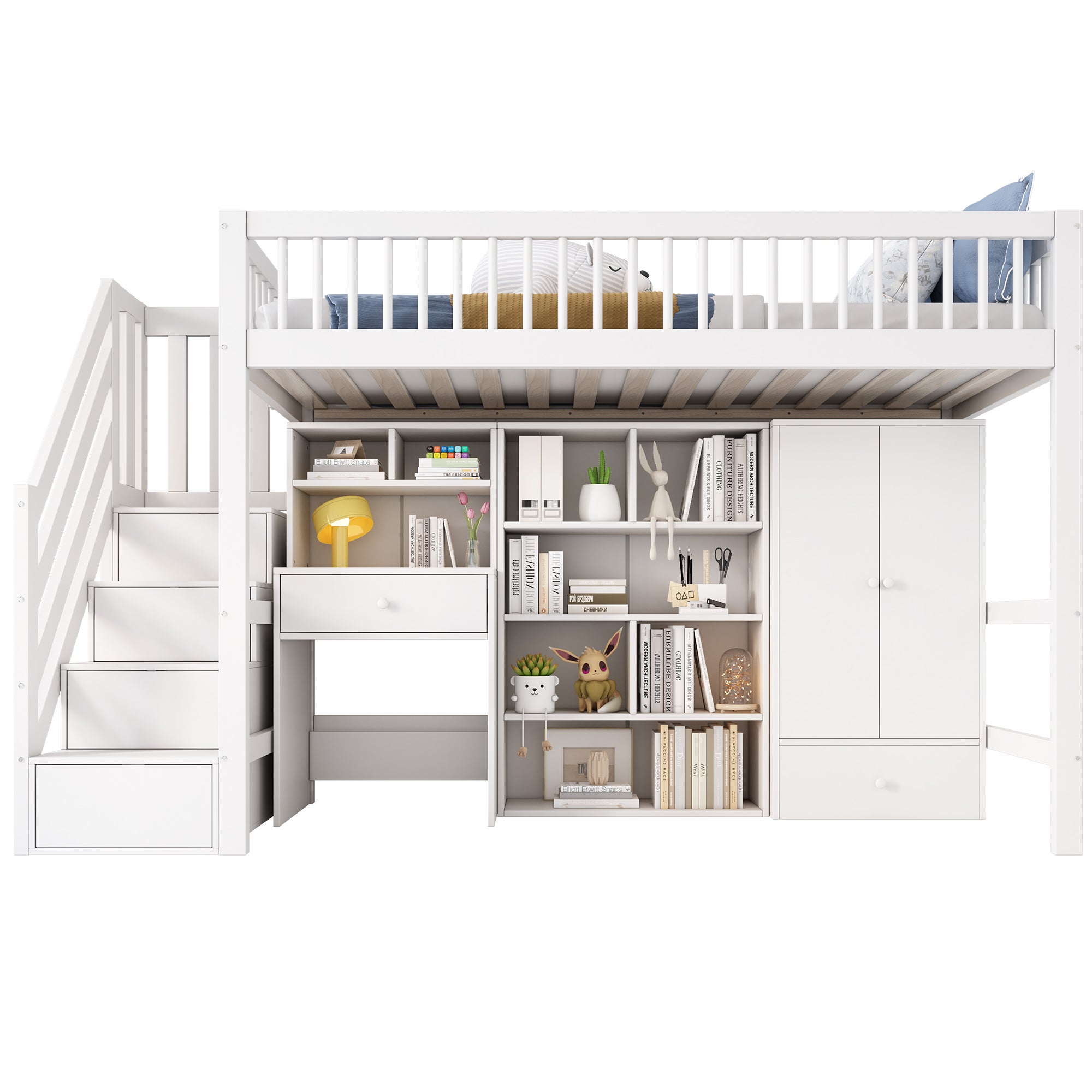 Lit mezzanine multifonctionnel en bois et MDF - 90x200 cm - avec escalier de rangement, bureau et armoire - Blanc(sans matelas) - 4