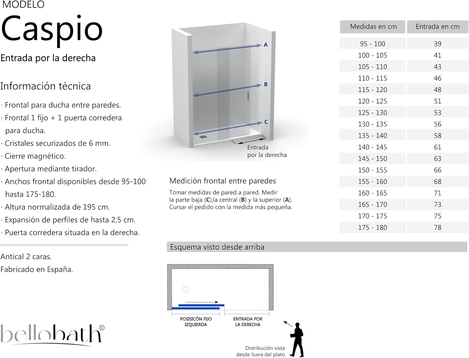 Porta de duche de correr frontal deslizante+fixo - Vidro anticalcário 6mm - Perfis Prata -Largura 155 a 160 cm - Porta direita - Altura 195cm - 5