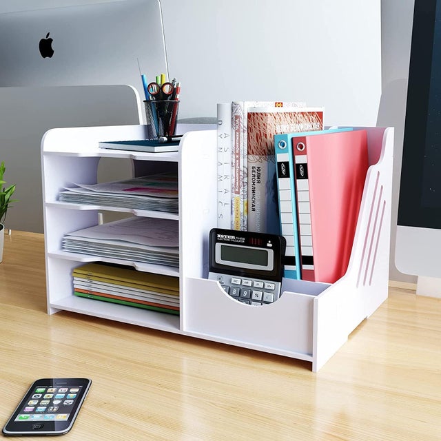 Organisateur de Bureau Multifonctionel Boîte de Rangement Bureau Étagère de Dossiers et Porte-Documents Compartiment de Rangement en PVC (4 Niveaux)