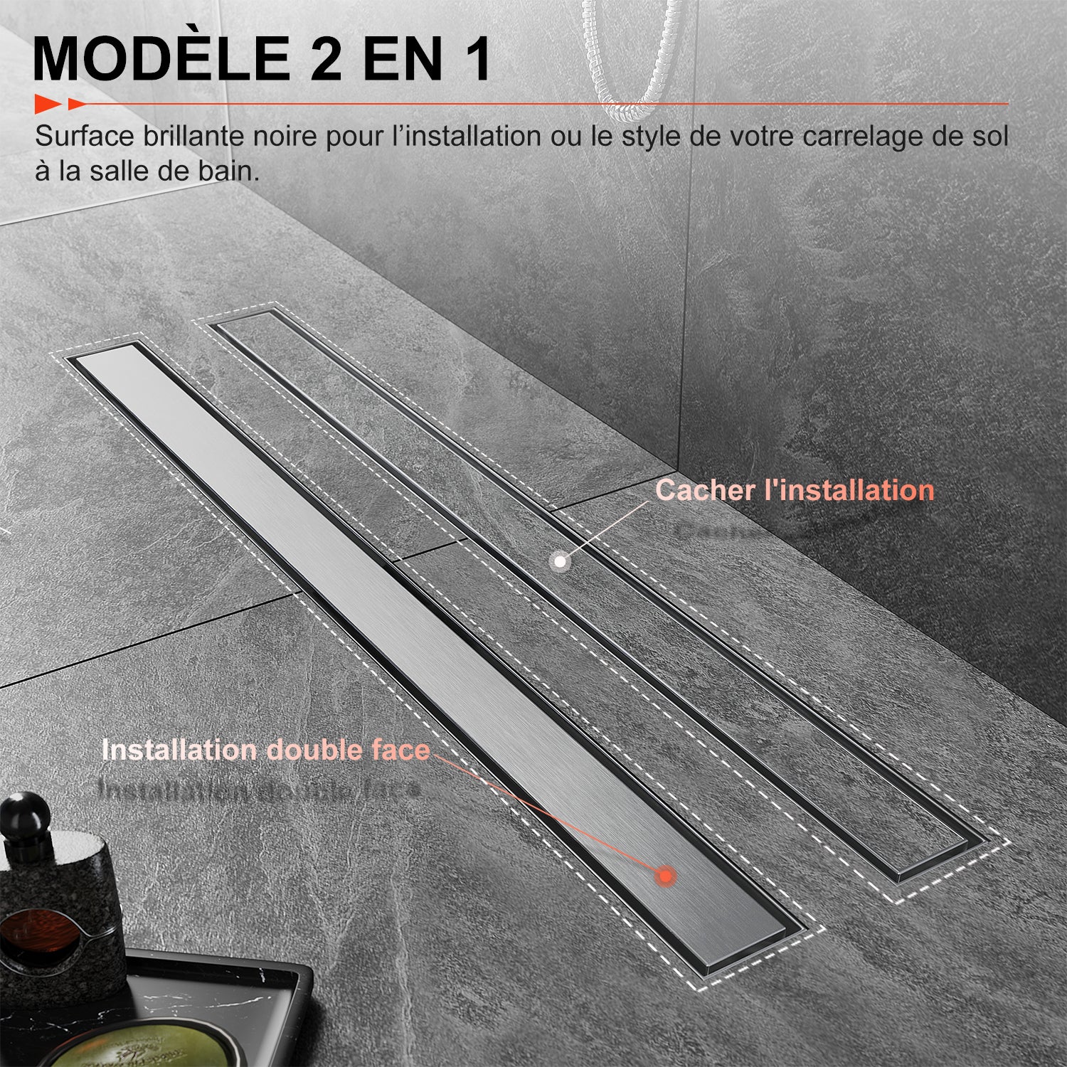 SIRHONA Caniveau de Douche 360° à l'Italienne, Siphon de Double Face Hauteur Réglable avec Filtre à Cheuveux, Canal de douche 70cm - 2