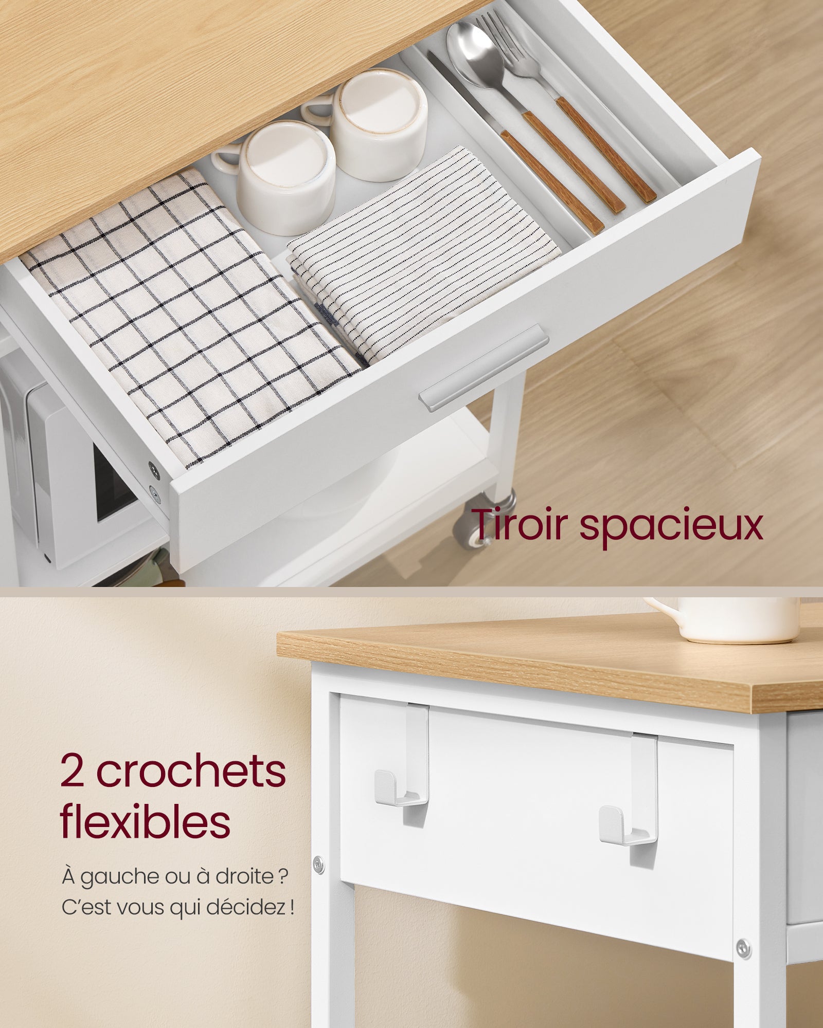 Desserte de Cuisine à Roulettes, Îlot de Cuisine Mobile, 45 x 60 x 90 cm, avec Tiroir, 2 Crochets, pour Salle à Manger, Beige Chêne et Blanc Mat - 6