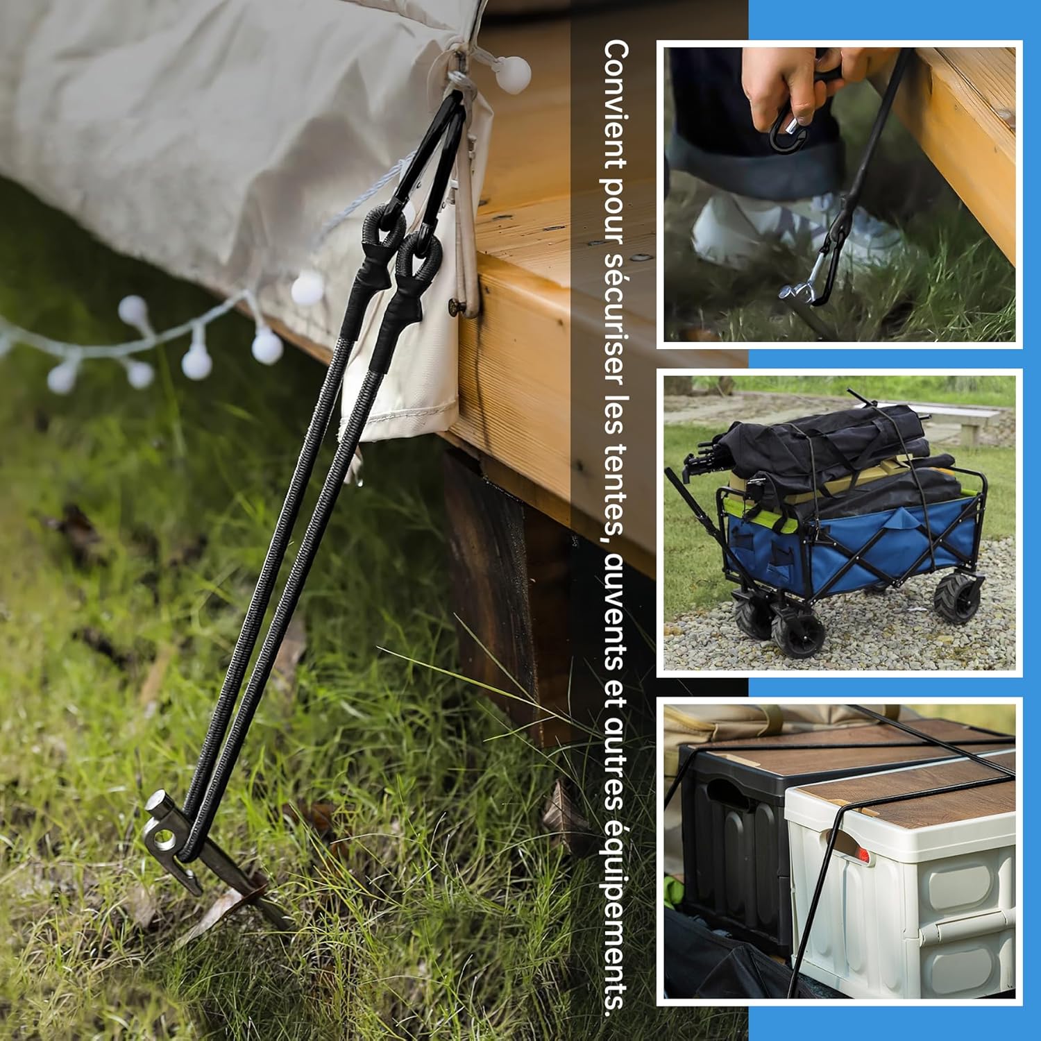 szt. wytrzymałych linek bungee, linek bungee z karabińczykami, 35 cm linek bungee z haczykami do kempingu, plandek, namiotów, bagażu, samochodów i mot - 5