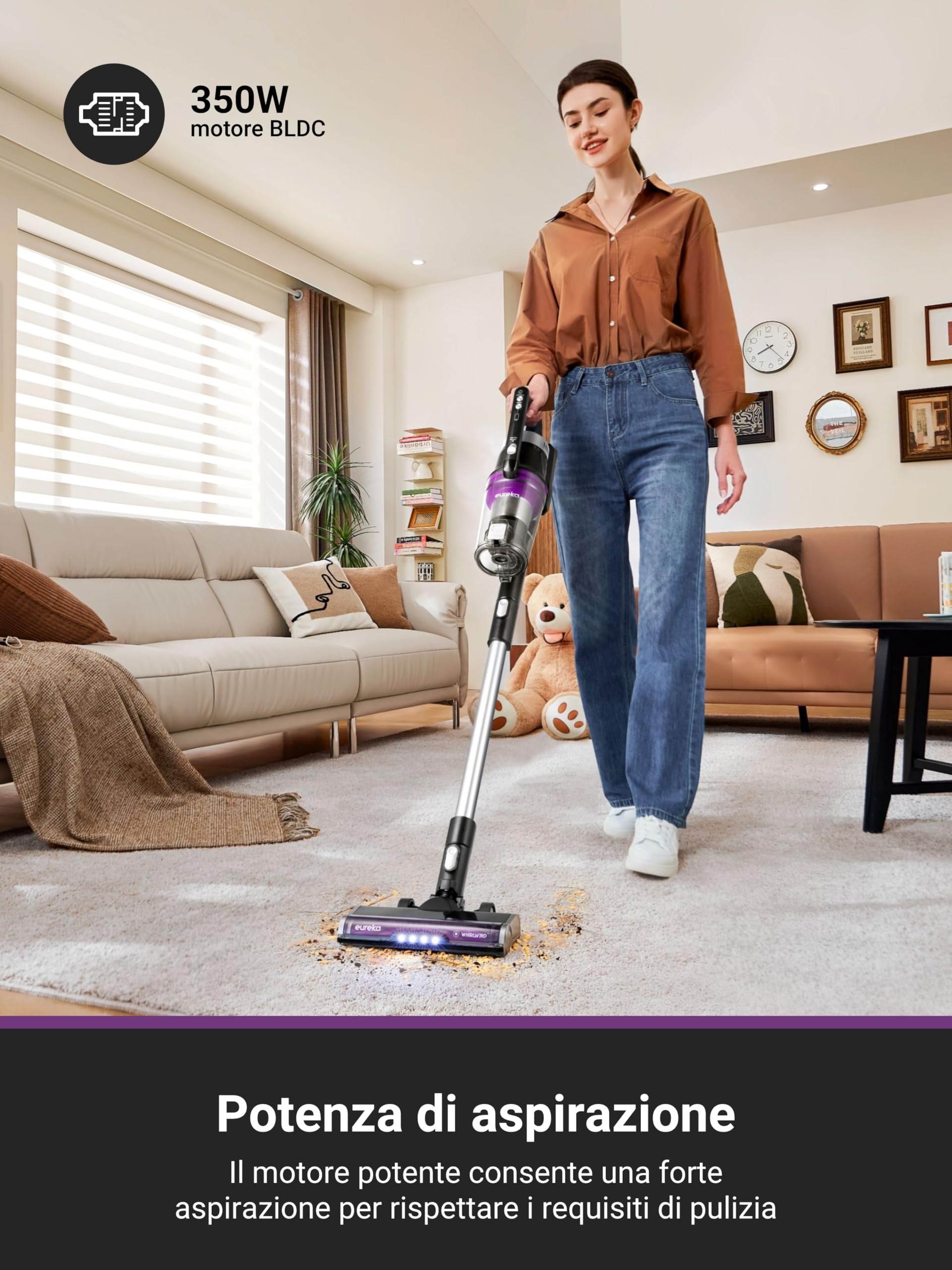 Eureka Stylus Elite Aspirapolvere Senza Fili con Stazione, 24000Pa, Svuotamento Automatico, Sacco 3L, Autonomia 60 Min, Spazzola Antigroviglio, LED, B - 3