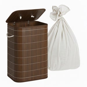 Relaxdays Cesto Portabiancheria In Bambù Con Sacco In Tessuto - 42,5x32,5x65,5 Cm - Marrone Naturale
