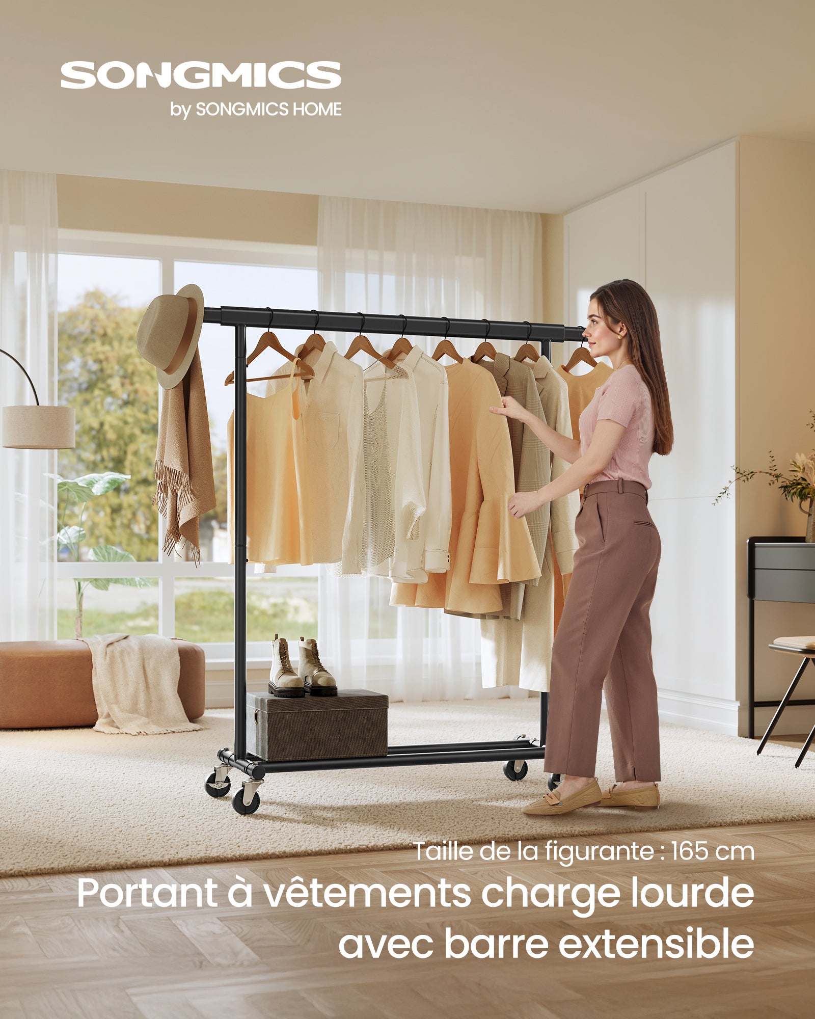 SONGMICS Portant à Vêtements avec roulettes, Tringle Extensible pour Charge Lourde, Porte-Manteau, Rangement Vêtement, Capacité de Charge 100 kg, Noir - 2