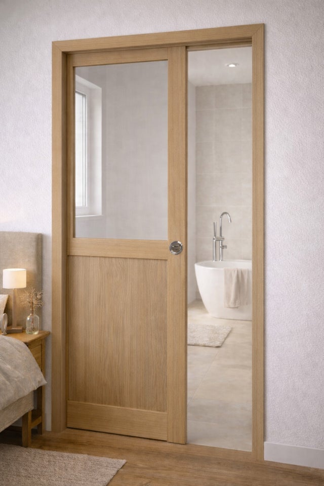 Porte Coulissante Atelier Placage Chene Vitrée H204 X L83 Cm, Galandage, Kit Finition Gd Menuiseries