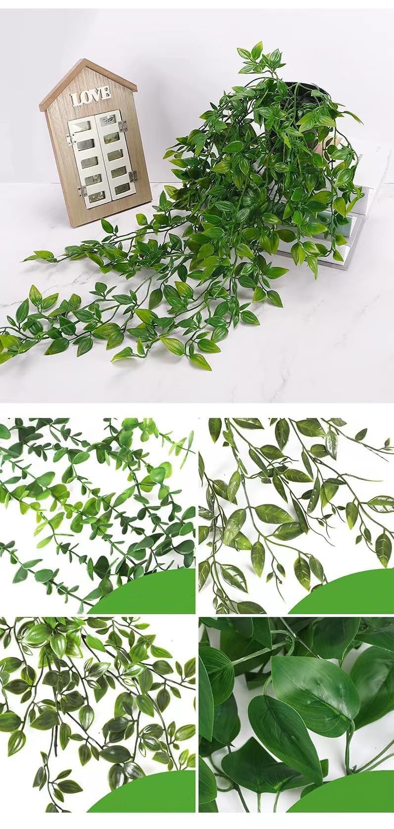 Ensemble de 4 plantes artificielles suspendues d'intérieur et d'extérieur, décoration de plantes vertes en pot, mandala, eucalyptus, pothos, pois - 6