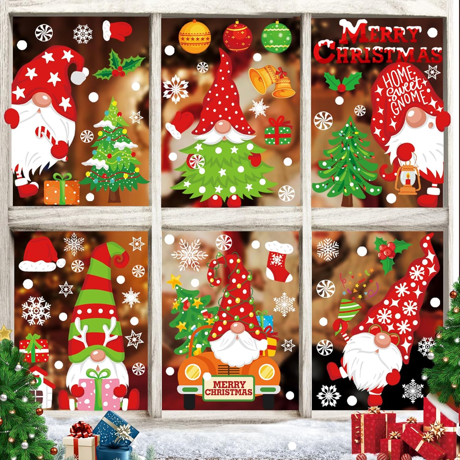 Autocollants Fenêtre Noël Réutilisables - 245 Pièces Sur 9 Feuilles - Père Noël, Rennes, Flocons - 20x30 Cm