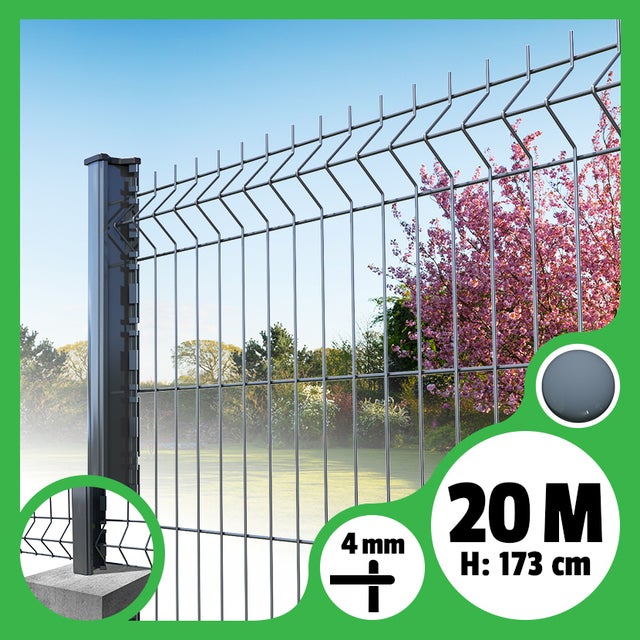 Kit grillage rigide poteaux H - longueur 20 mètres - 173 cm, Gris Anthracite, A sceller