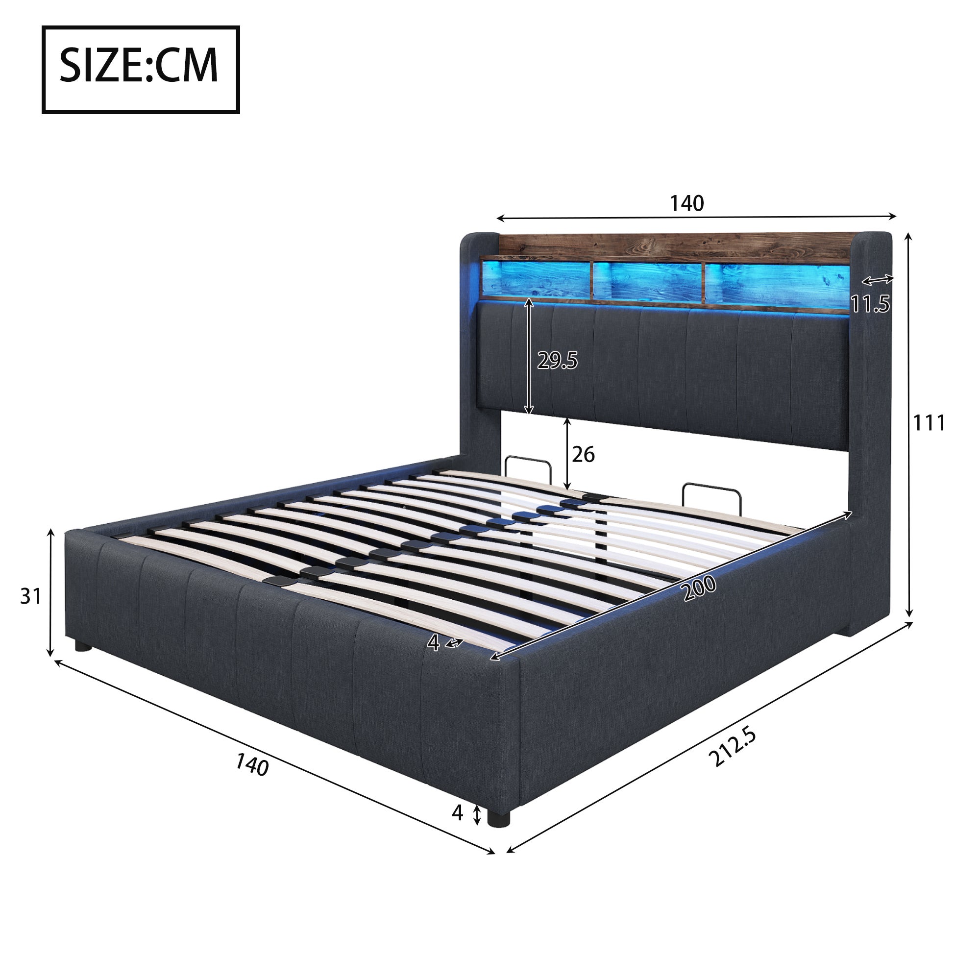 Cama con canapé 140x200 cm con LED, USB y cabecero con almacenamiento, lino gris, sin colchón - 4