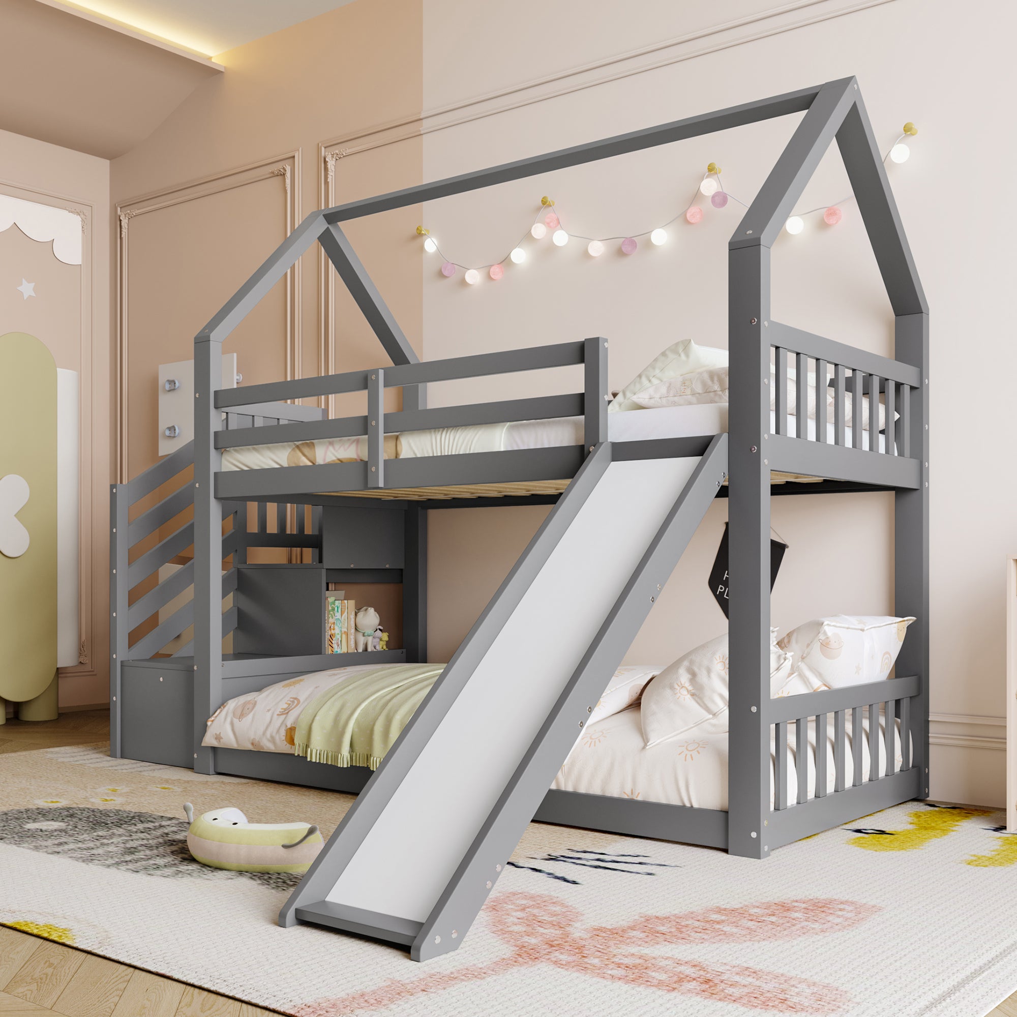 Merax  Literas 2 X 90 X 200 Cm Con Tobogán Y Escalera De Almacenaje, Pino Y Mdf, (Sin Colchón) Gris , Leroy Merlin