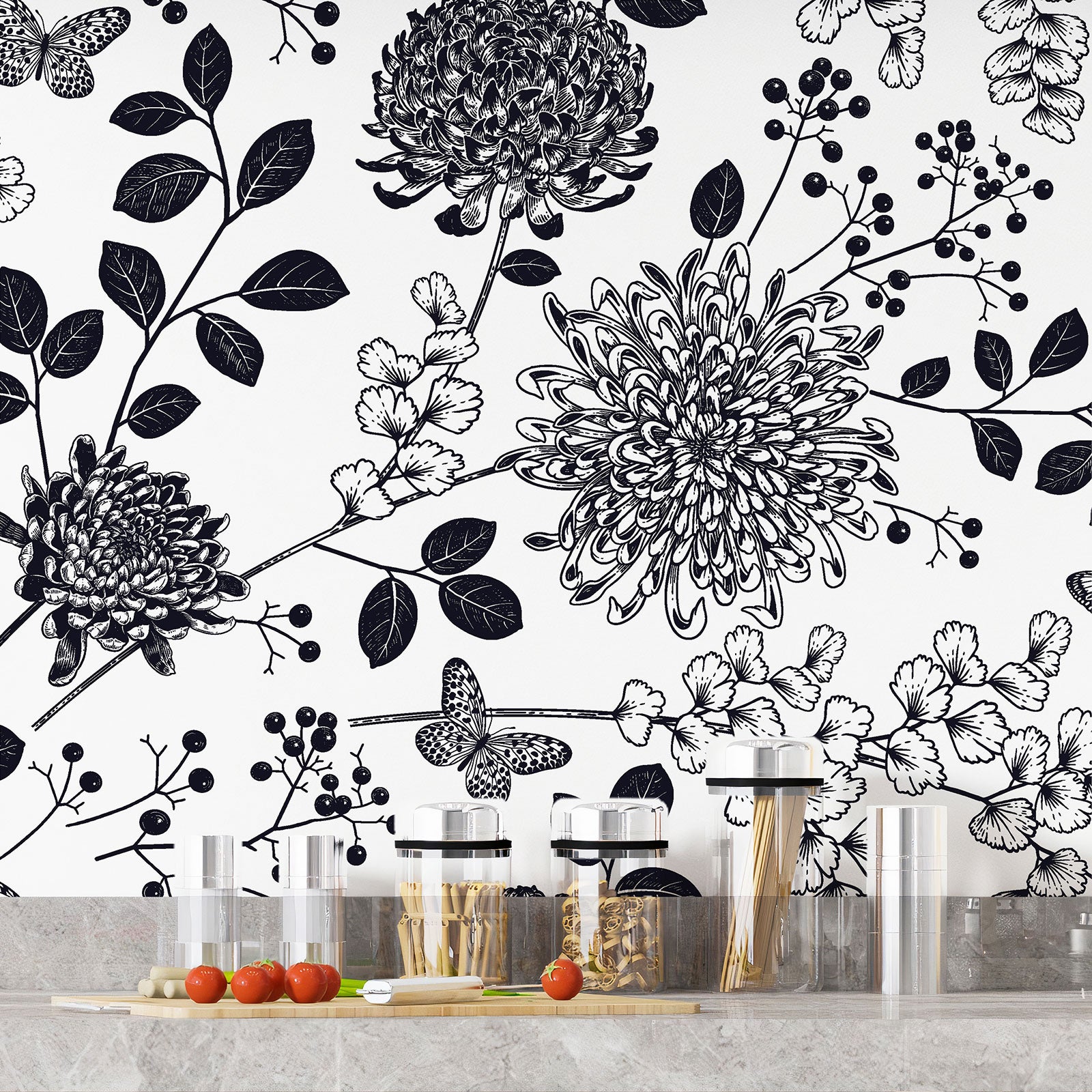 Crédence adhésive sticker décoratif pour cuisine - Fleurs papillons - Adhésif + Protection BRILLANTE - 60x90 cm - 4