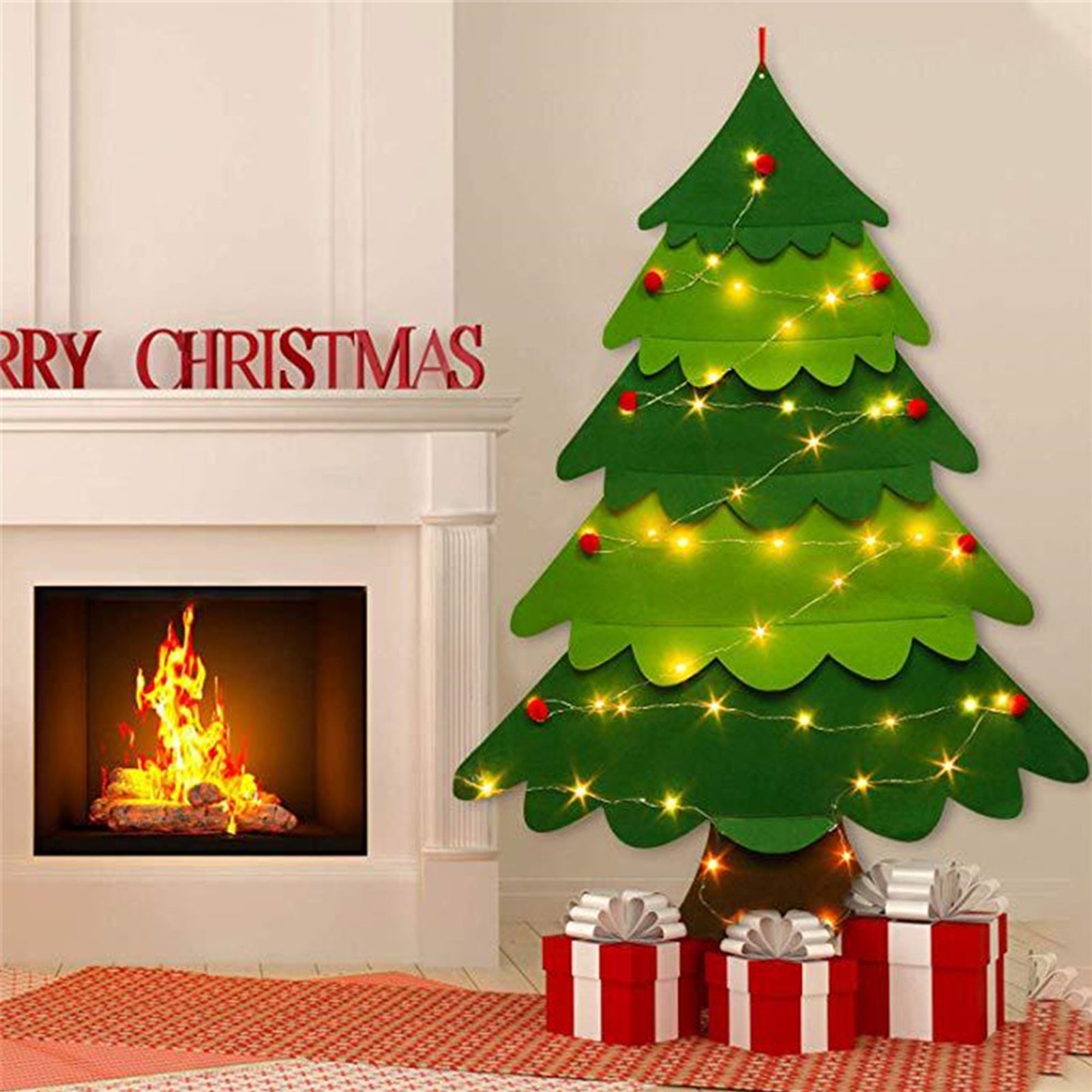 Ensemble de sapin de Noël en feutre à faire soi-même pour enfants, décoration de Noël à suspendre avec 50 LED, pour porte/mur - 5
